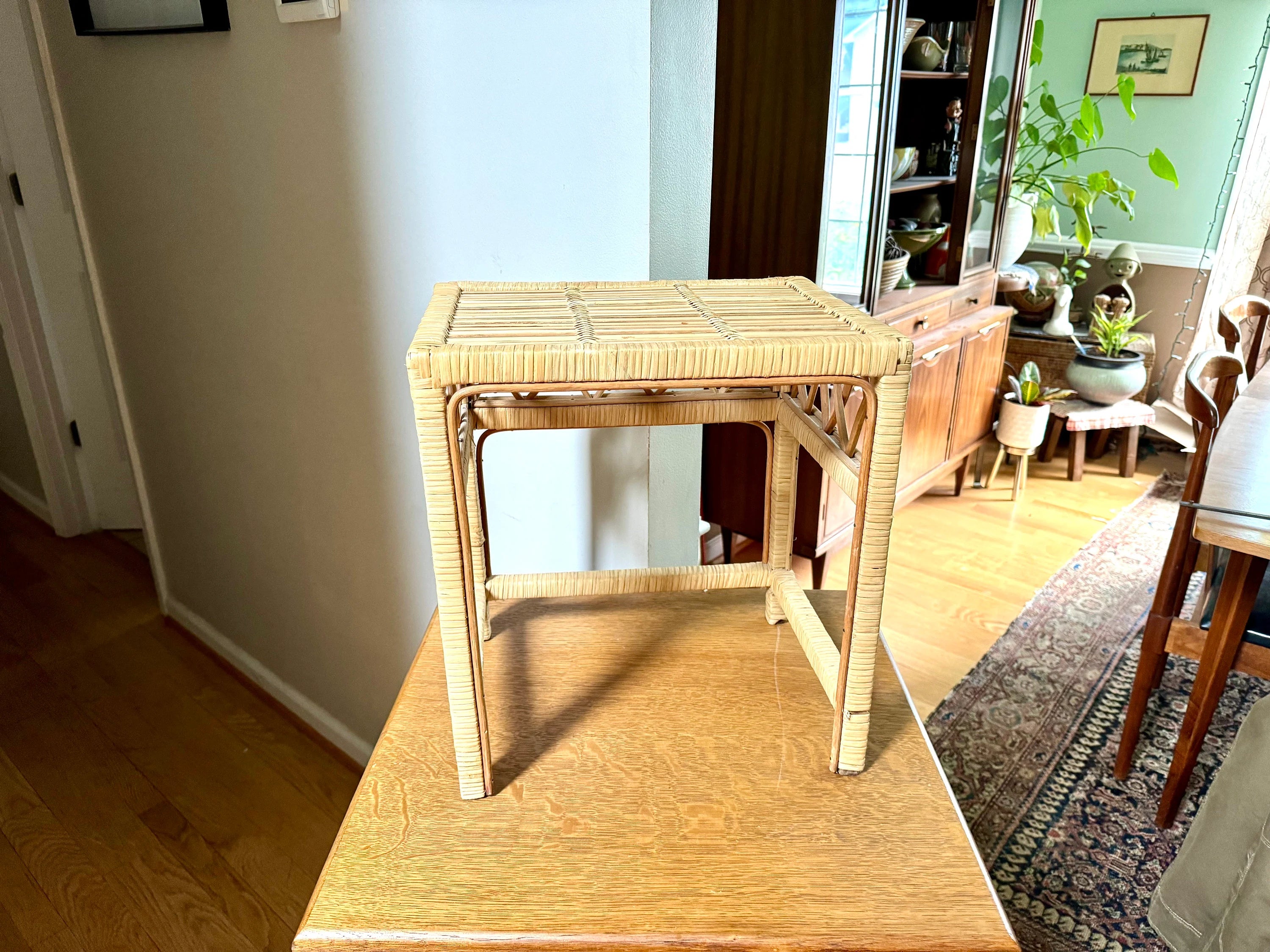Vintage Small Wicker End Table | Small Wicker Plant Stand | Wicker Night Stand | Small Rattan Table