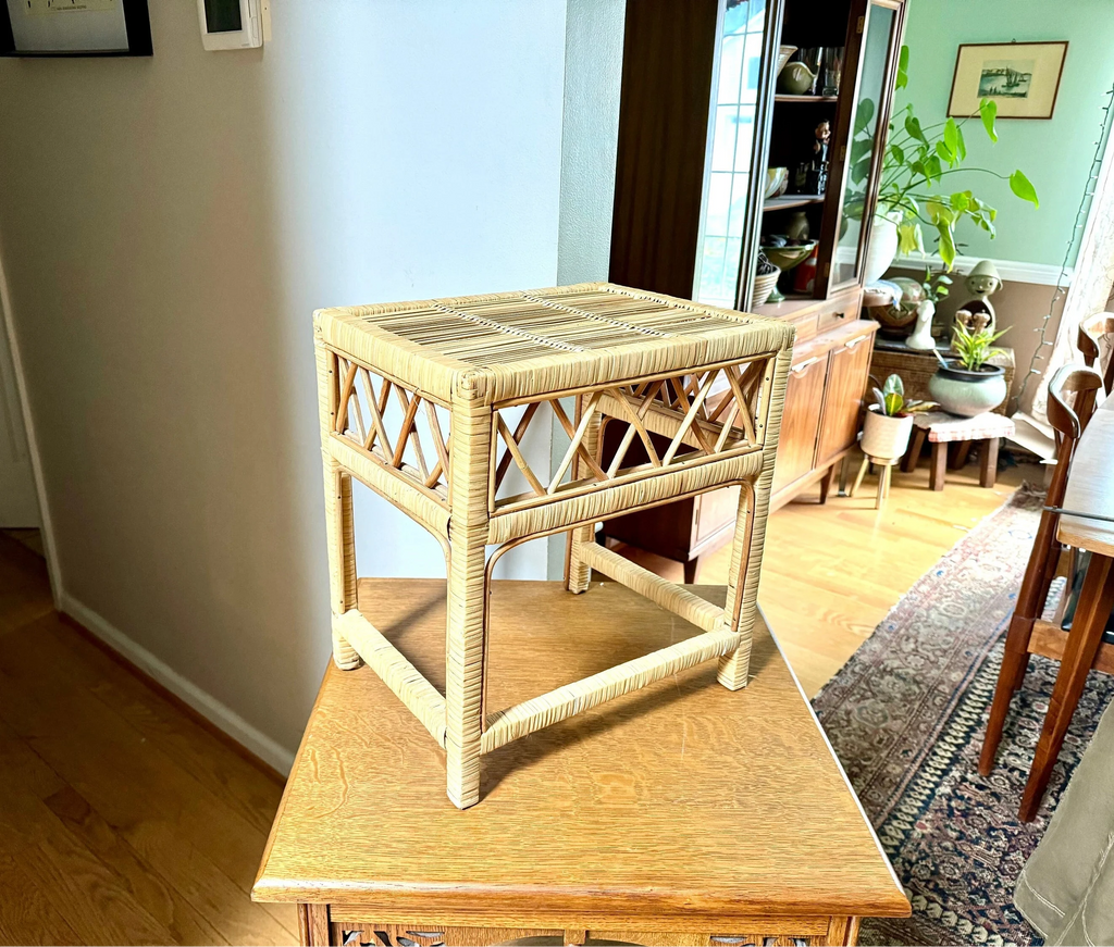 Vintage Small Wicker End Table | Small Wicker Plant Stand | Wicker Night Stand | Small Rattan Table