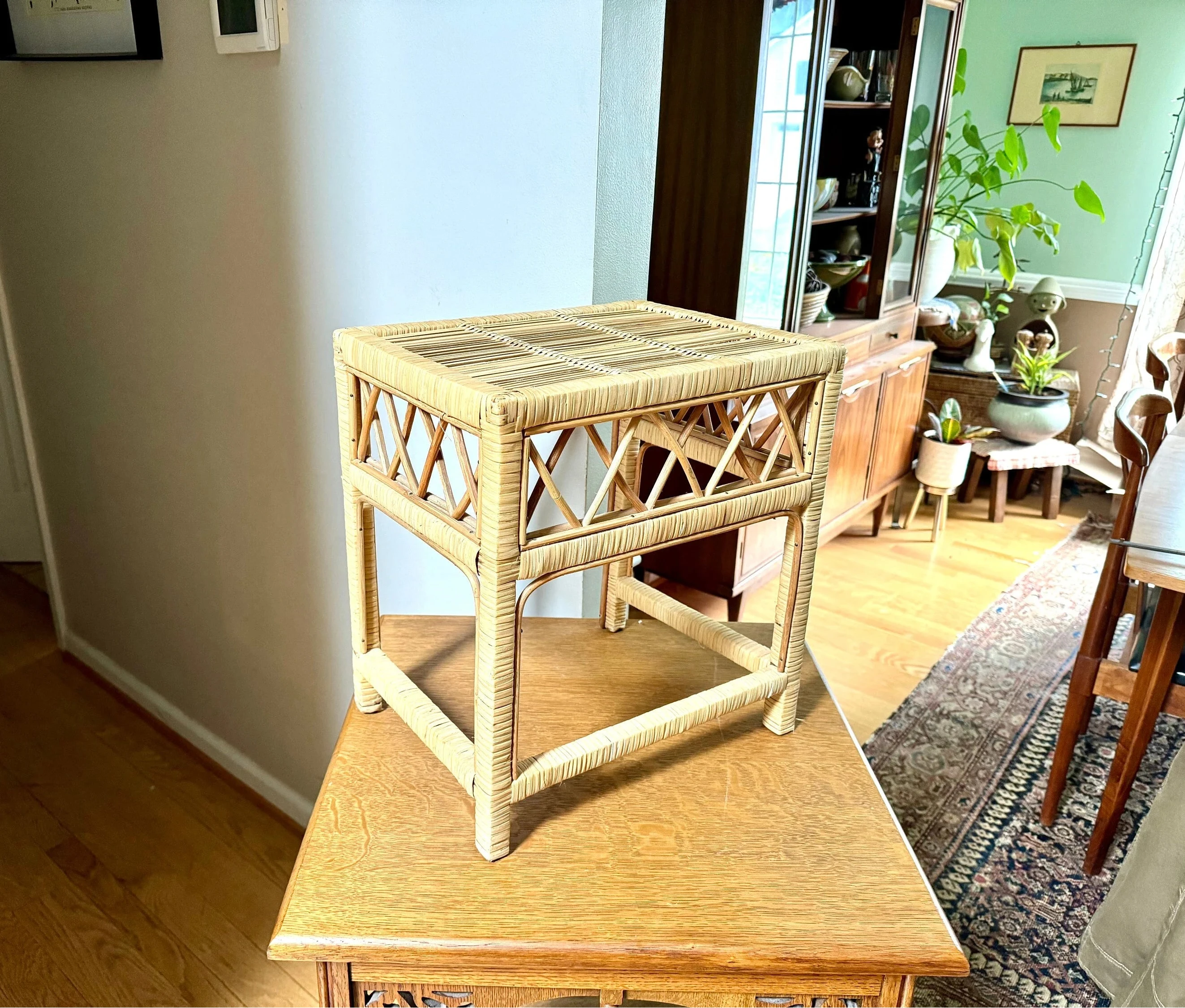 Vintage Small Wicker End Table | Small Wicker Plant Stand | Wicker Night Stand | Small Rattan Table