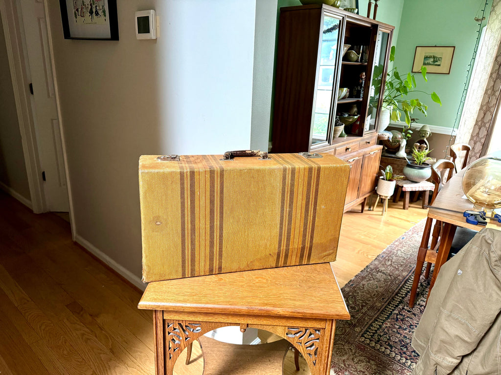 Vintage Wrapped Wood Distressed Hardshell Suitcase | Rustic Striped Hardshell Suitcase | MCM Suitcase | Display Suitcase | Antique Suitcase