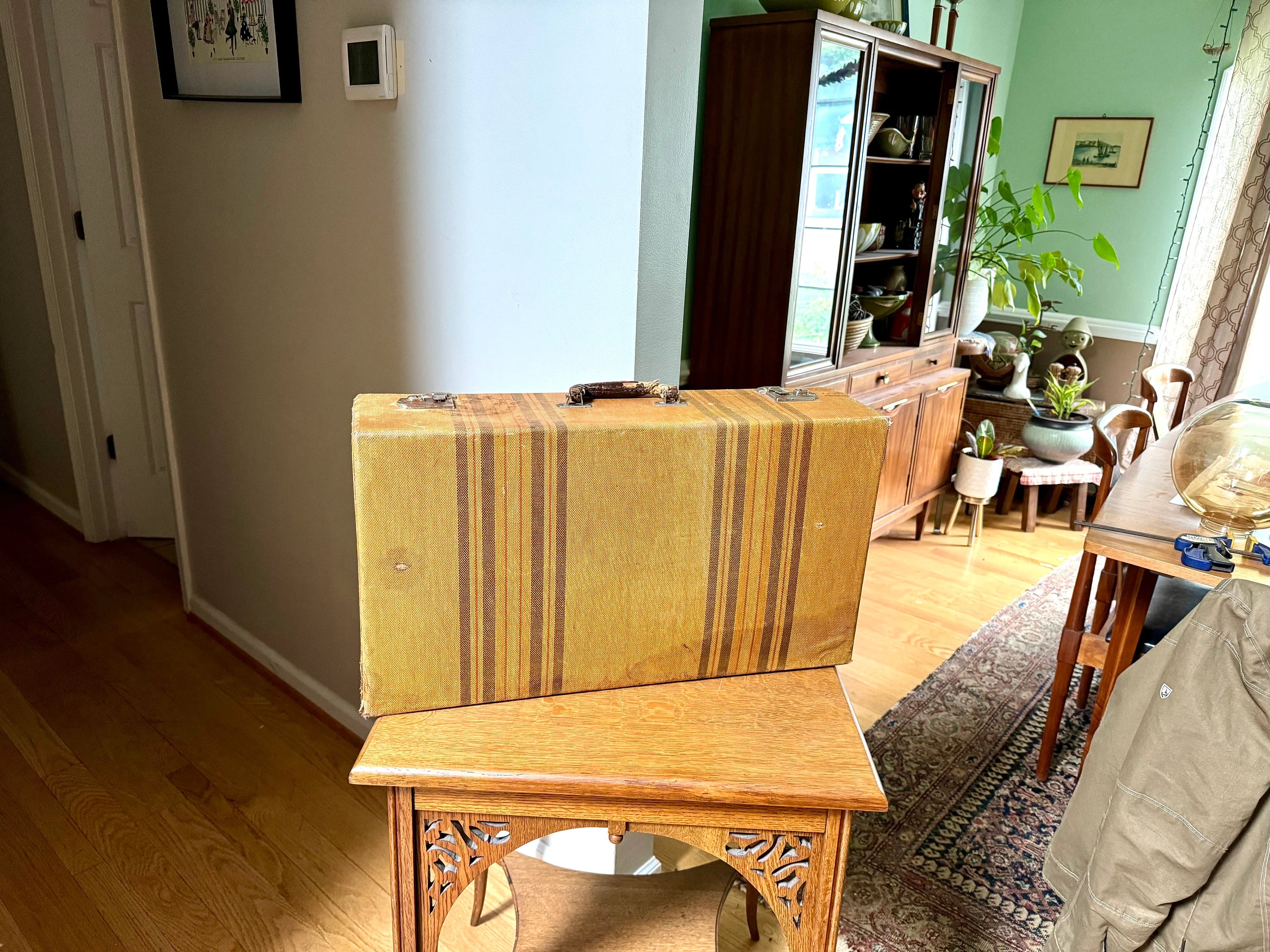 Vintage Wrapped Wood Distressed Hardshell Suitcase | Rustic Striped Hardshell Suitcase | MCM Suitcase | Display Suitcase | Antique Suitcase