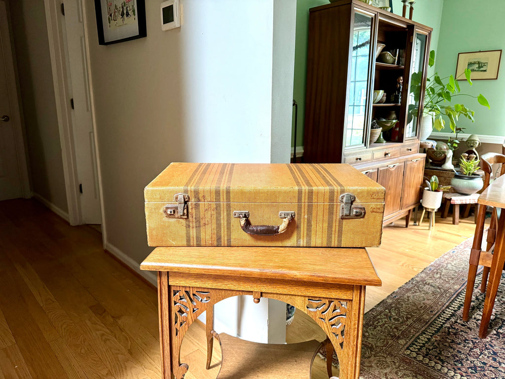 Vintage Wrapped Wood Distressed Hardshell Suitcase | Rustic Striped Hardshell Suitcase | MCM Suitcase | Display Suitcase | Antique Suitcase