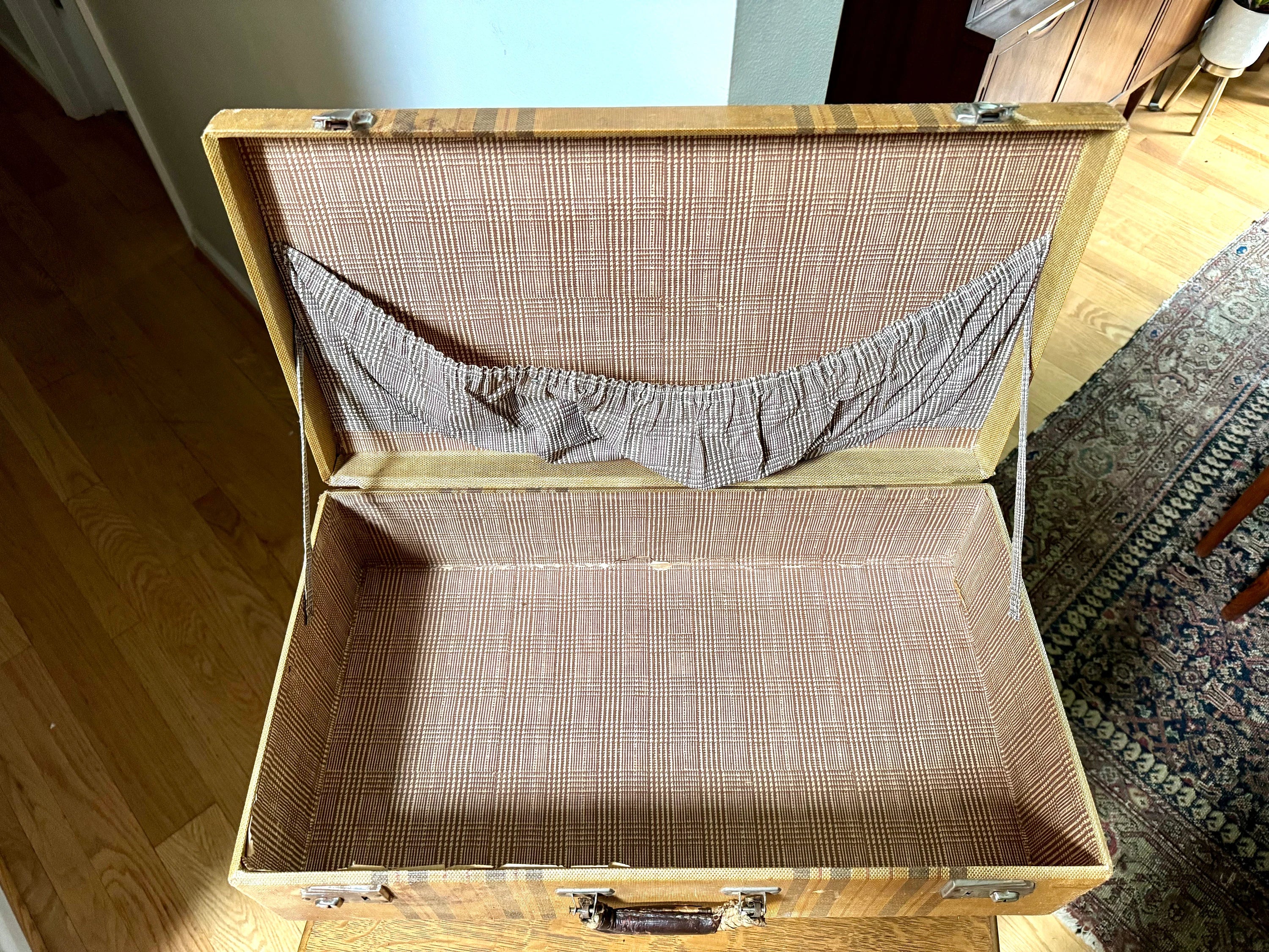 Vintage Wrapped Wood Distressed Hardshell Suitcase | Rustic Striped Hardshell Suitcase | MCM Suitcase | Display Suitcase | Antique Suitcase