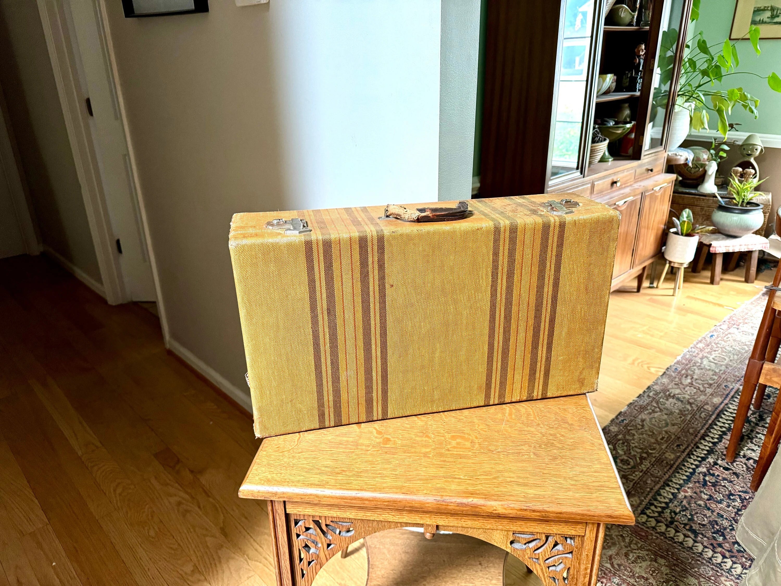 Vintage Wrapped Wood Distressed Hardshell Suitcase | Rustic Striped Hardshell Suitcase | MCM Suitcase | Display Suitcase | Antique Suitcase