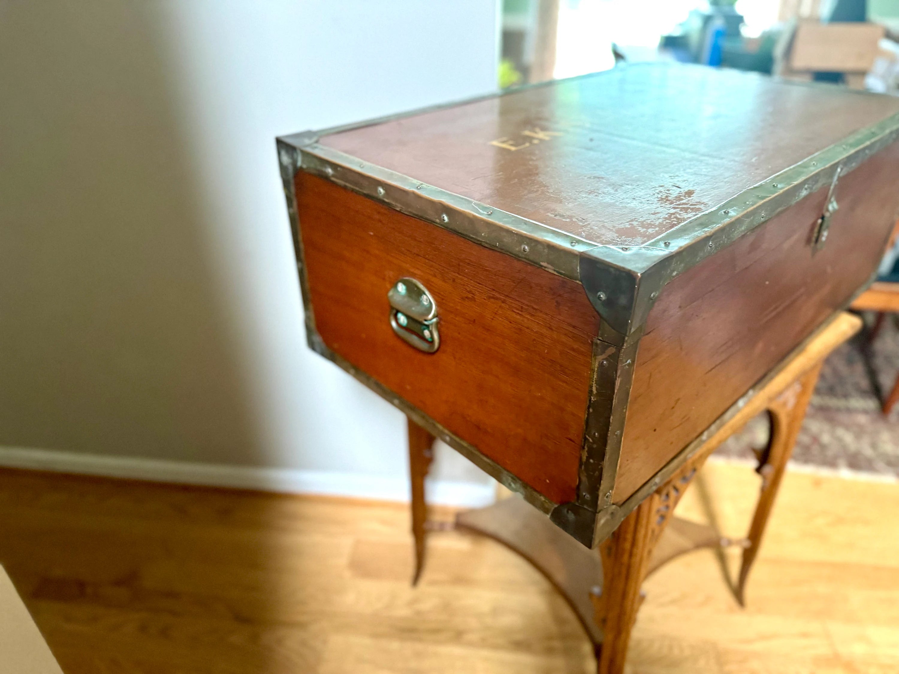 Vintage Large Wood Trunk With Wooden Trays | Wood and Brass Storage Trunk | Wooden Officers Mess Chest | Military Footlocker with Brass Hardware