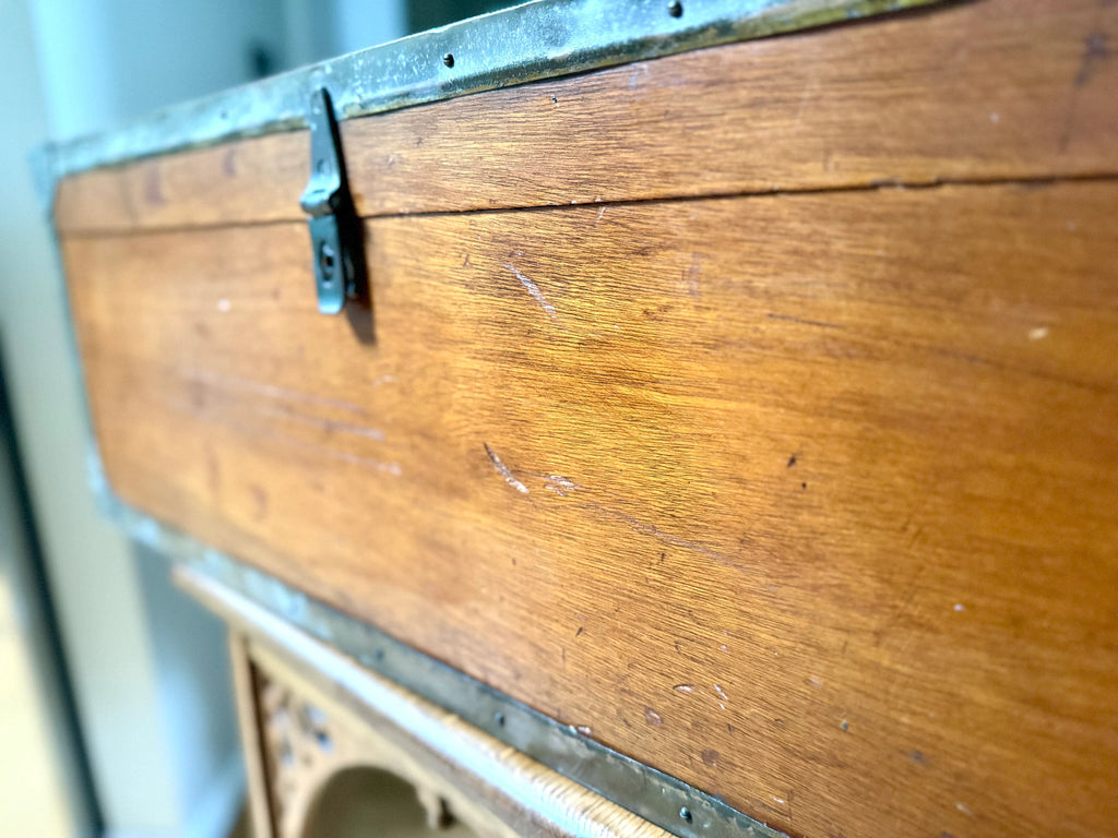 Vintage Large Wood Trunk With Wooden Trays | Wood and Brass Storage Trunk | Wooden Officers Mess Chest | Military Footlocker with Brass Hardware
