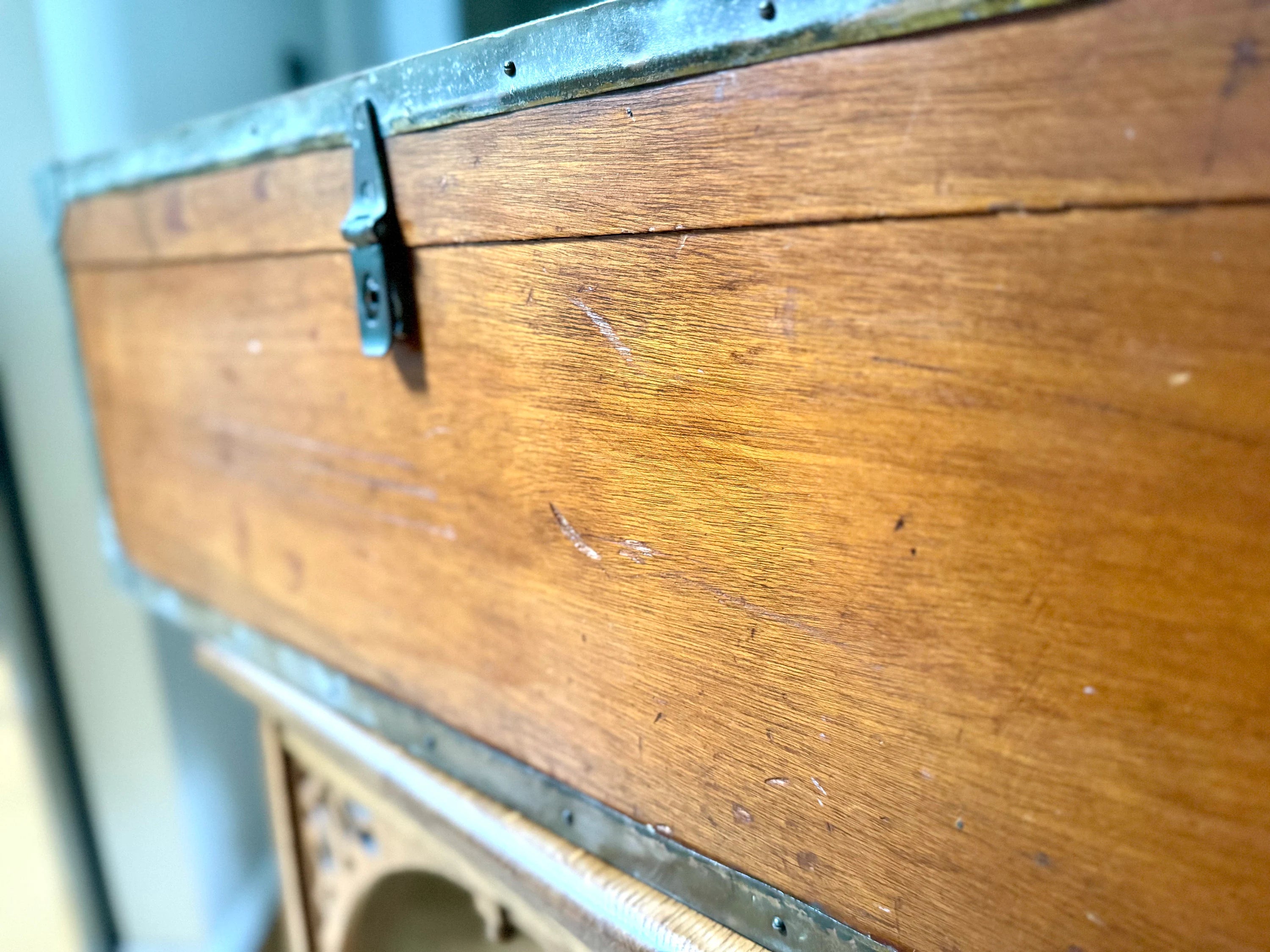 Vintage Large Wood Trunk With Wooden Trays | Wood and Brass Storage Trunk | Wooden Officers Mess Chest | Military Footlocker with Brass Hardware