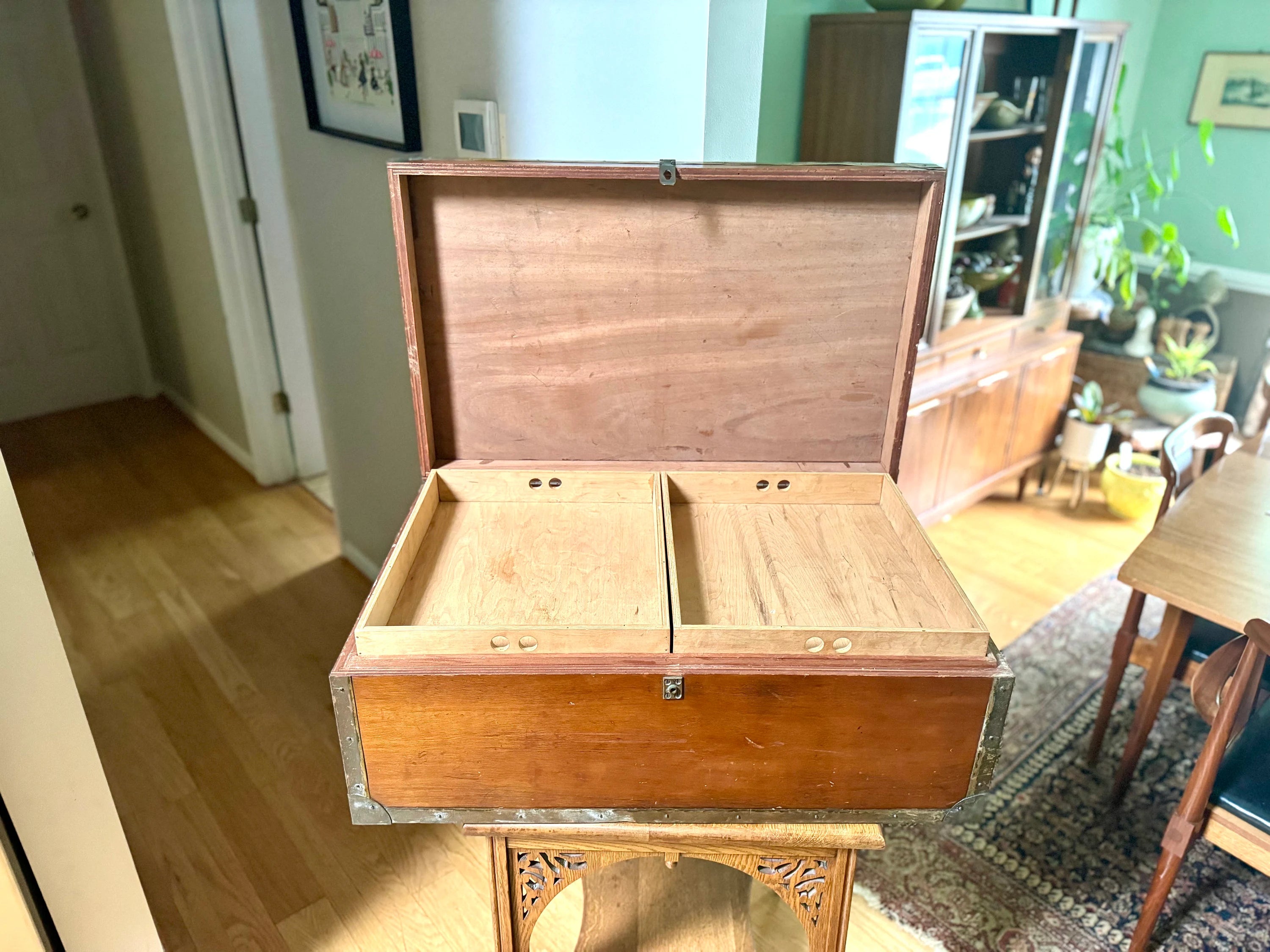 Vintage Large Wood Trunk With Wooden Trays | Wood and Brass Storage Trunk | Wooden Officers Mess Chest | Military Footlocker with Brass Hardware