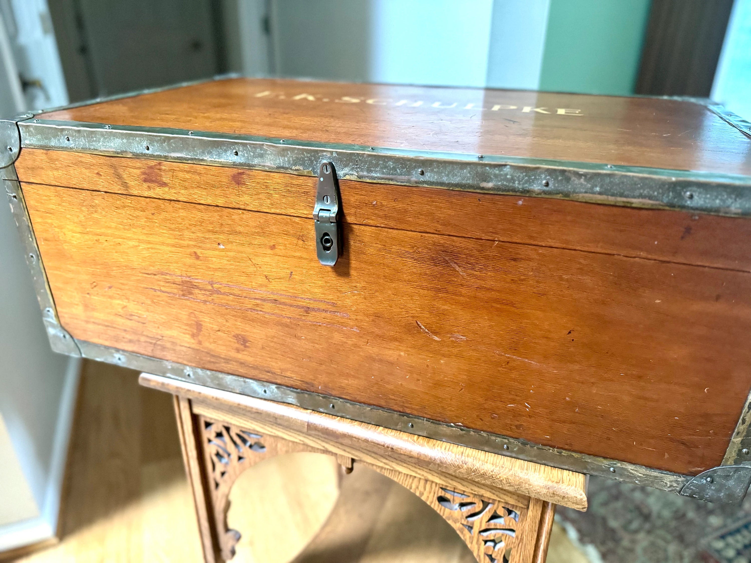 Vintage Large Wood Trunk With Wooden Trays | Wood and Brass Storage Trunk | Wooden Officers Mess Chest | Military Footlocker with Brass Hardware