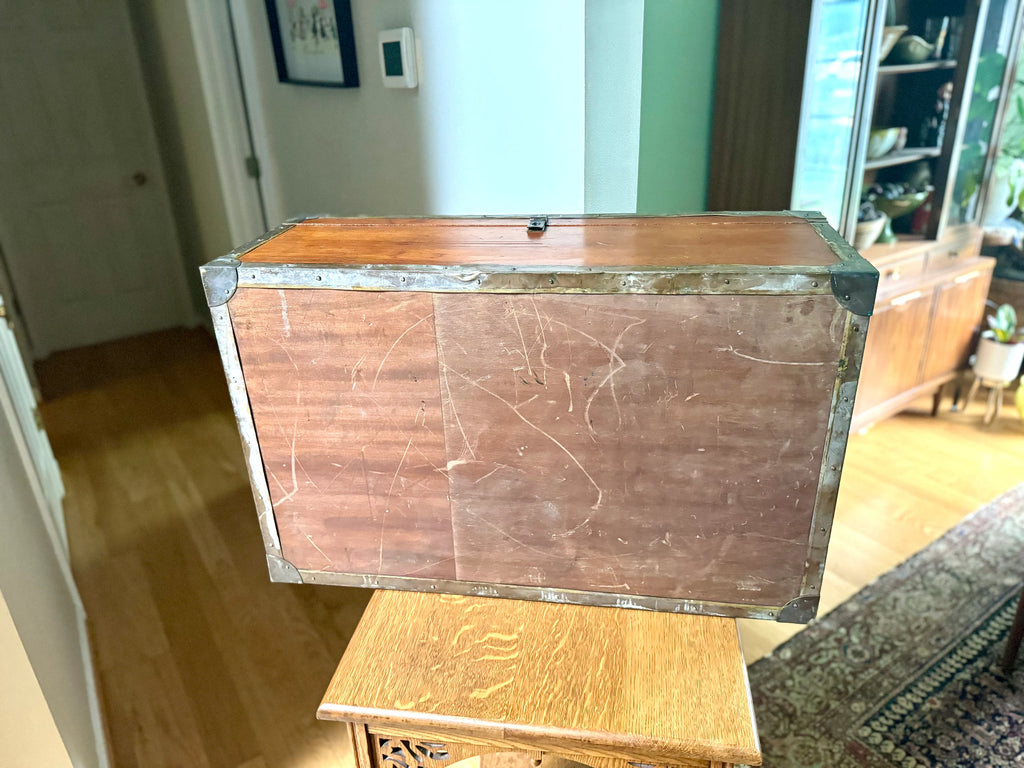 Vintage Large Wood Trunk With Wooden Trays | Wood and Brass Storage Trunk | Wooden Officers Mess Chest | Military Footlocker with Brass Hardware