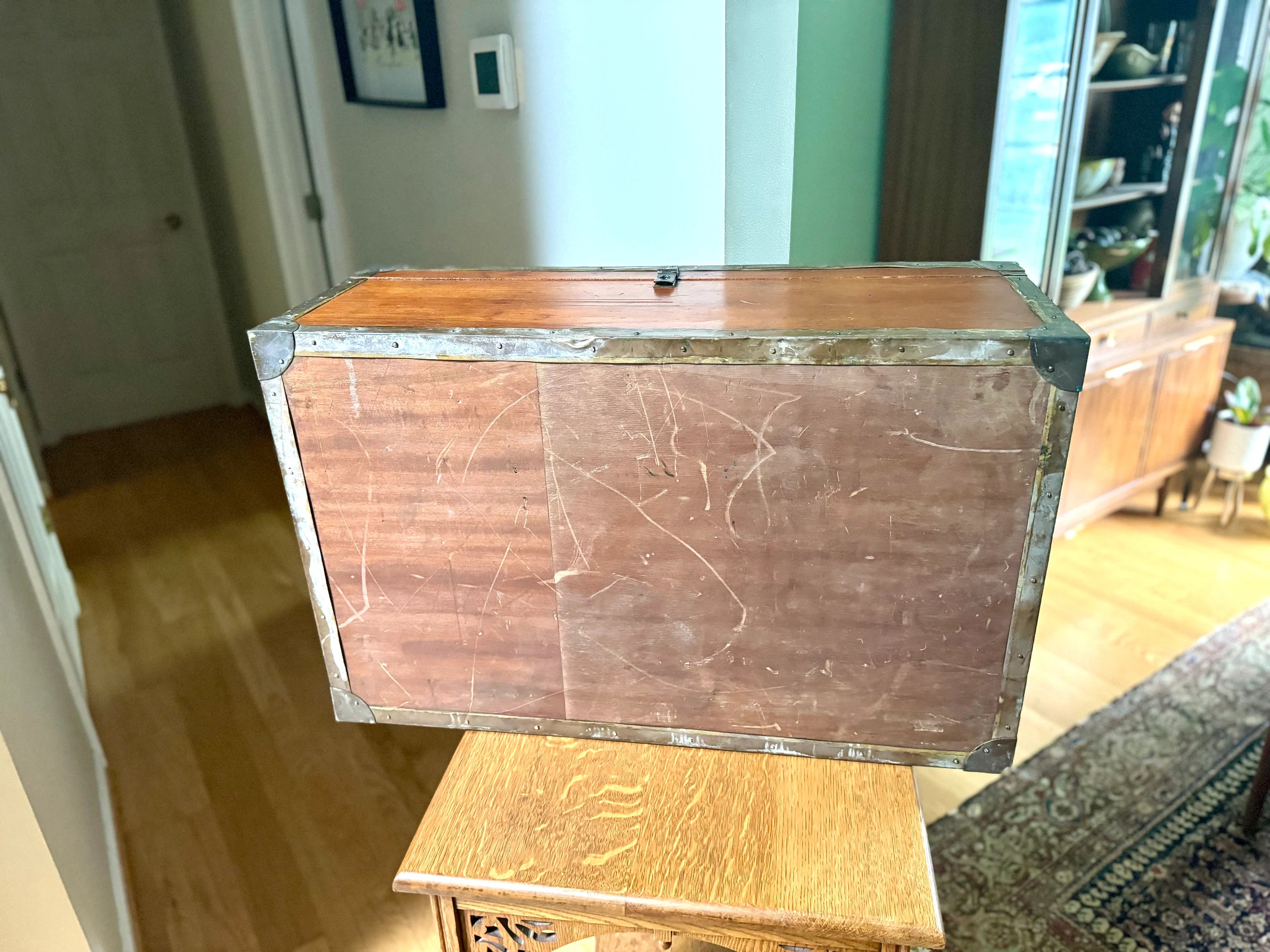 Vintage Large Wood Trunk With Wooden Trays | Wood and Brass Storage Trunk | Wooden Officers Mess Chest | Military Footlocker with Brass Hardware