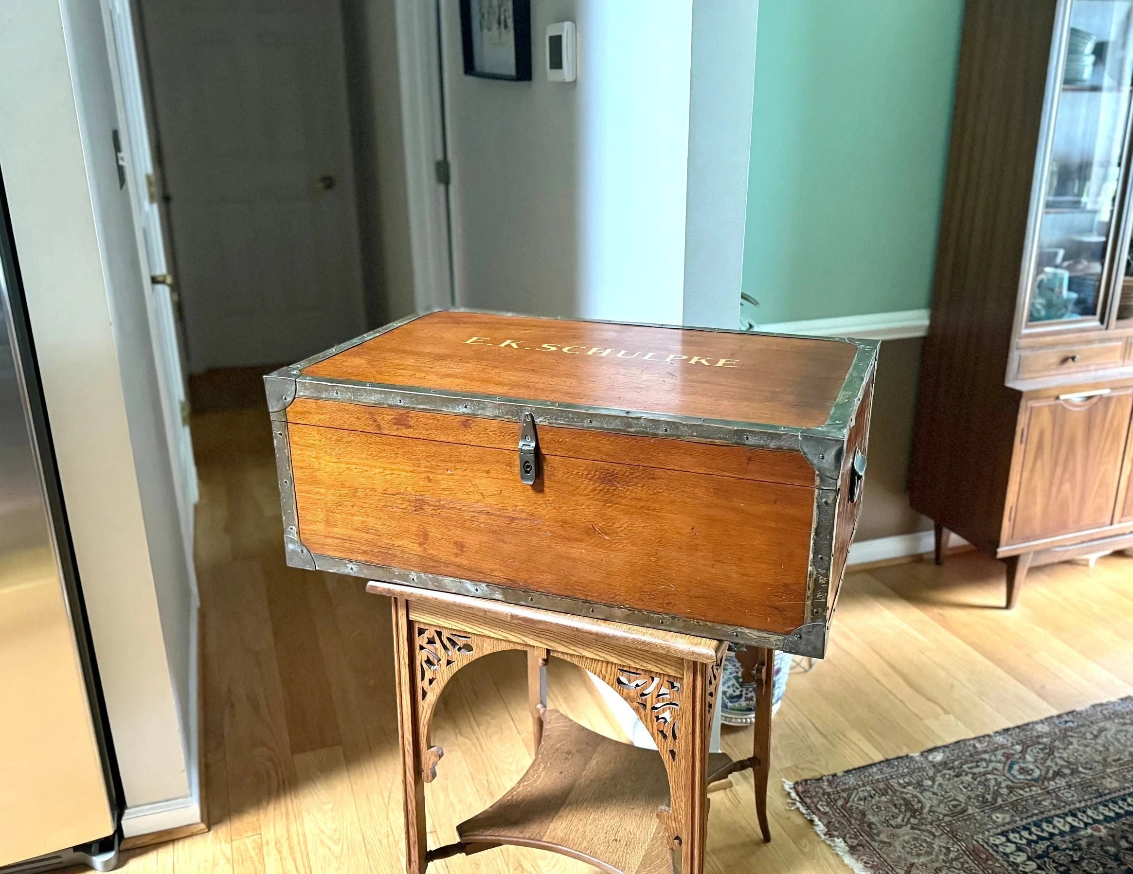 Vintage Large Wood Trunk With Wooden Trays | Wood and Brass Storage Trunk | Wooden Officers Mess Chest | Military Footlocker with Brass Hardware