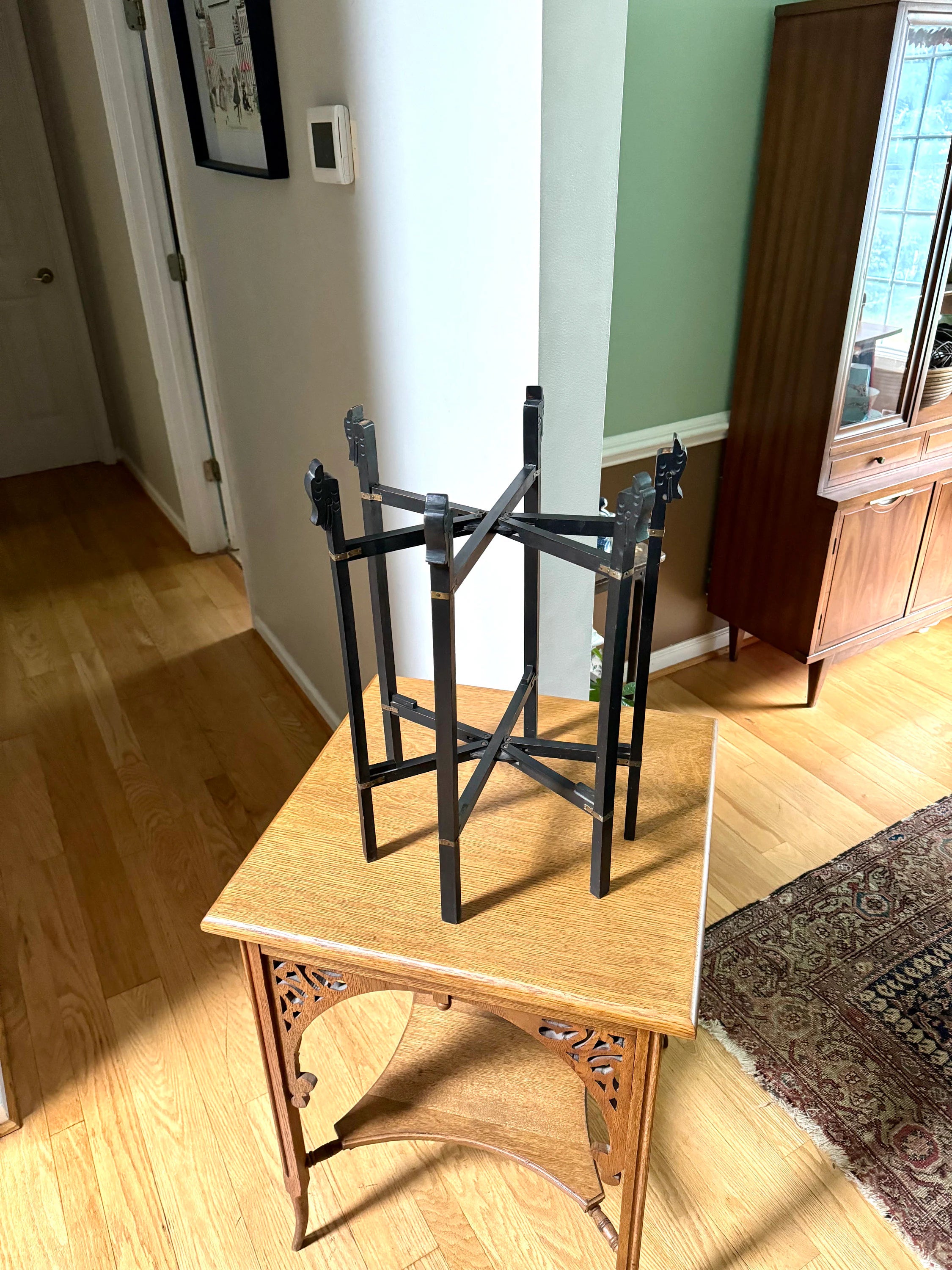 Vintage 6 Legged Folding Plant Stand | Chinese Folding Wood Plant Stand | Asian Black Folding Stand