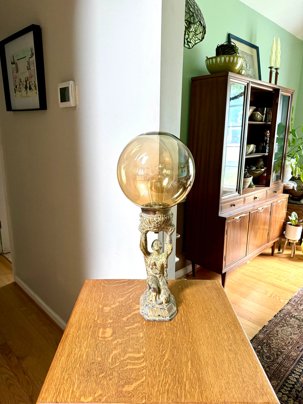 Antique Distressed Joan Of Arc Lamp | Art Deco Lady Lamp | Distressed Finish Joan Of Arc Globe Lamp | Bronze Lady Lamp