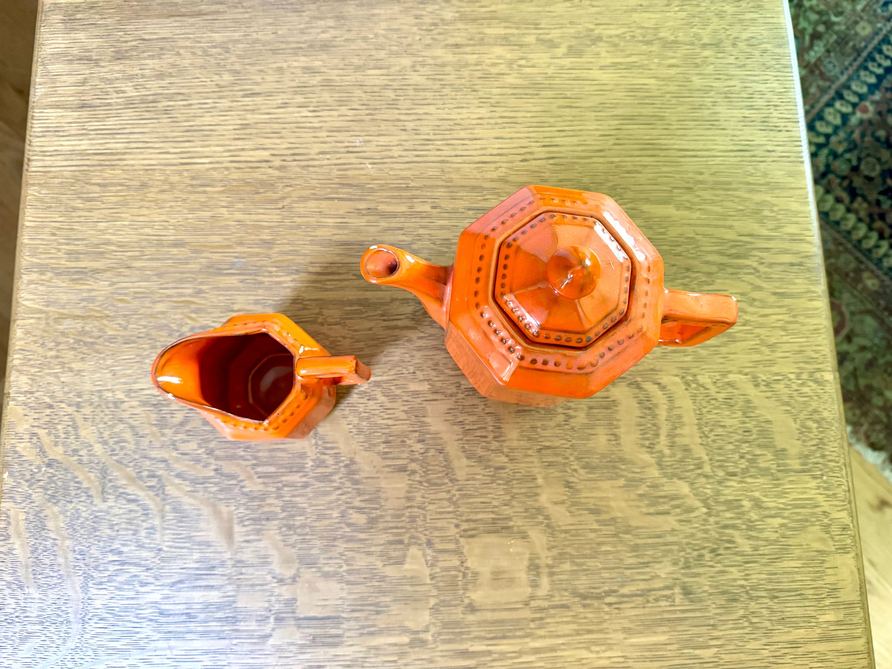 Vintage PV Italy Burnt Orange Ceramic Kettle and Creamer | Peasant Village Tea Pot and Creamer | Burnt Orange Italian Ceramic Kitchenware