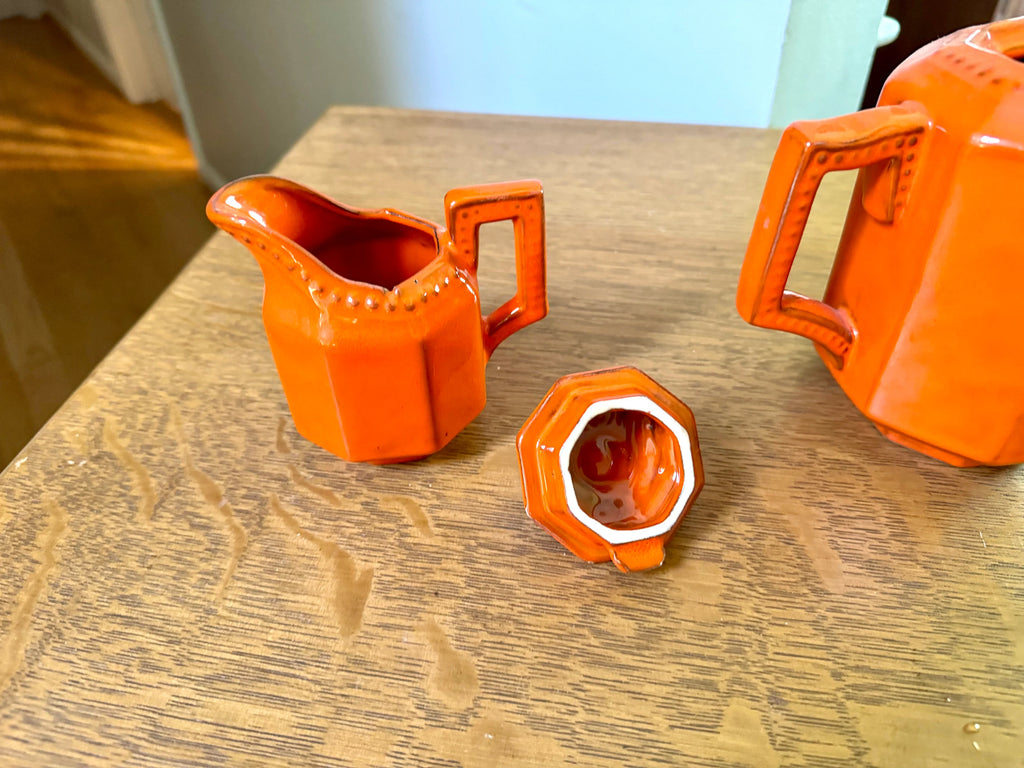 Vintage PV Italy Burnt Orange Ceramic Kettle and Creamer | Peasant Village Tea Pot and Creamer | Burnt Orange Italian Ceramic Kitchenware
