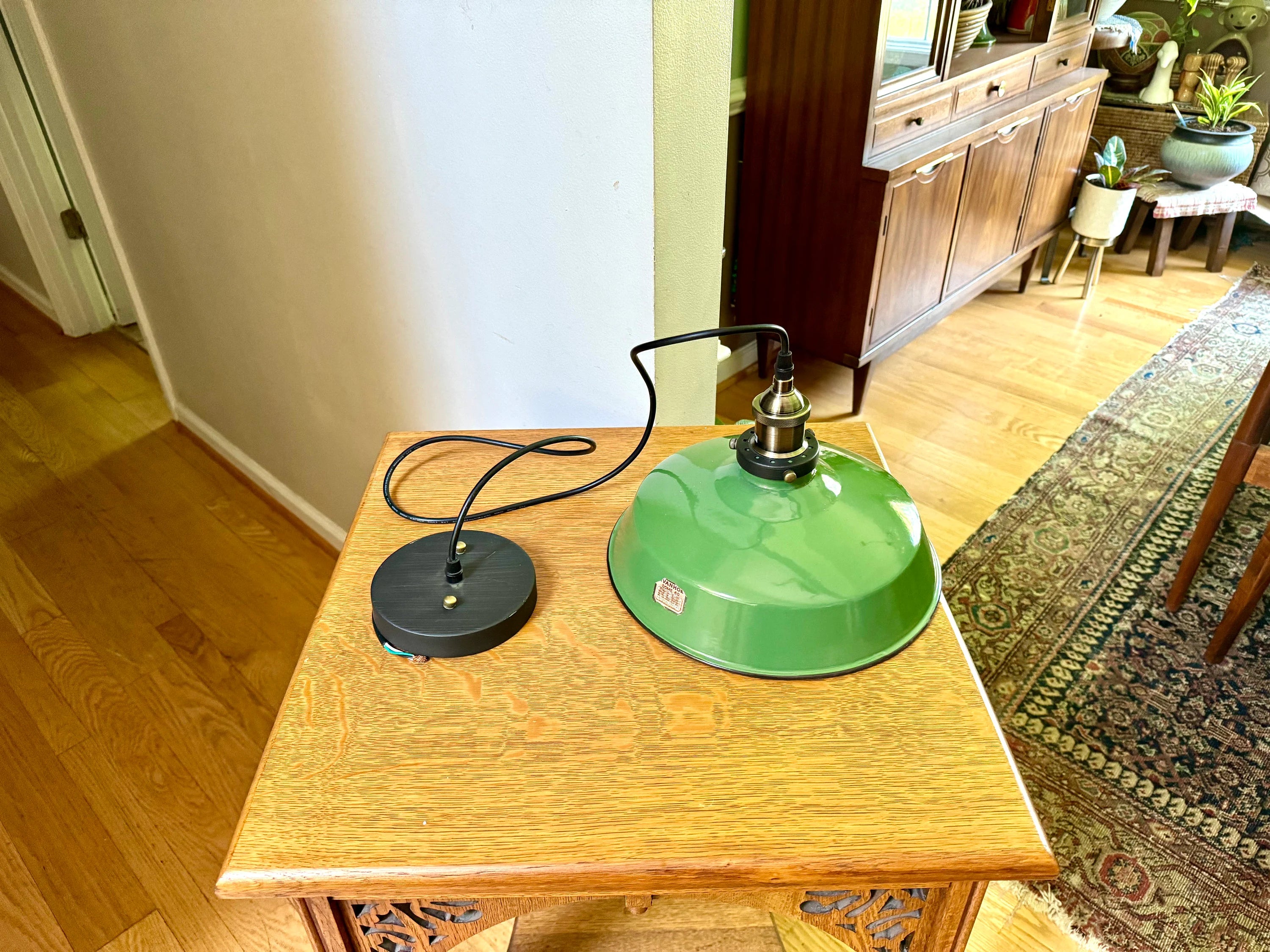 Vintage Green Enamel Metal shade Pendant Lamp | 12" Green Ivanhoe Dome 60 Lamp Pendant | Rewired Industrial Pendant Lamp | Ivanhoe Dome 60