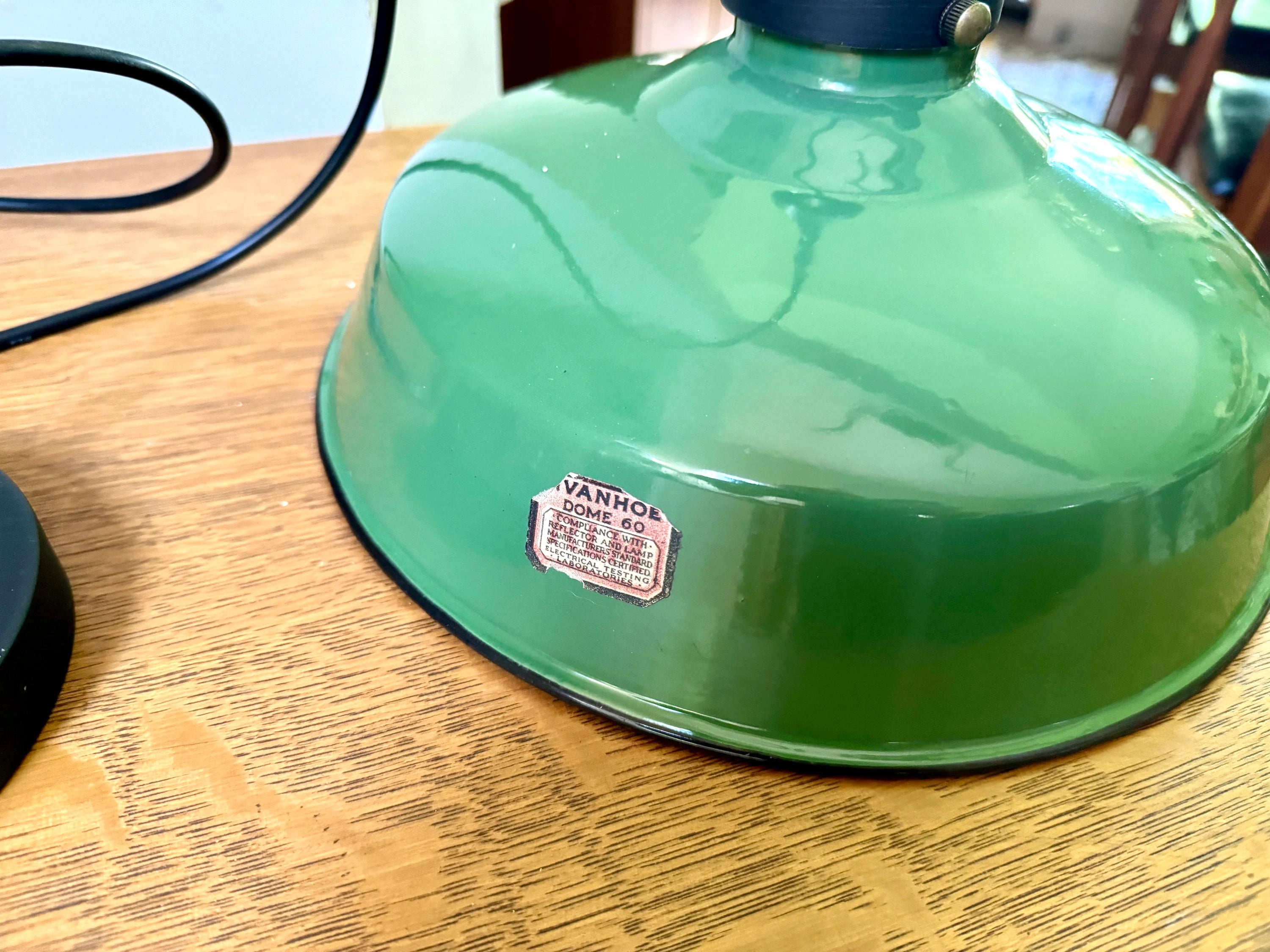 Vintage Green Enamel Metal shade Pendant Lamp | 12" Green Ivanhoe Dome 60 Lamp Pendant | Rewired Industrial Pendant Lamp | Ivanhoe Dome 60