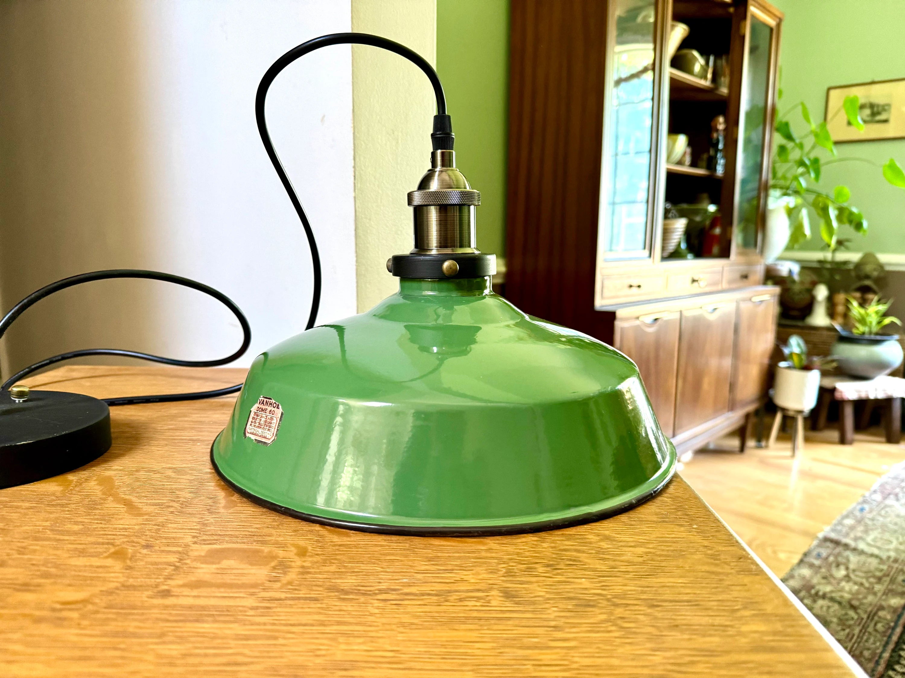 Vintage Green Enamel Metal shade Pendant Lamp | 12" Green Ivanhoe Dome 60 Lamp Pendant | Rewired Industrial Pendant Lamp | Ivanhoe Dome 60