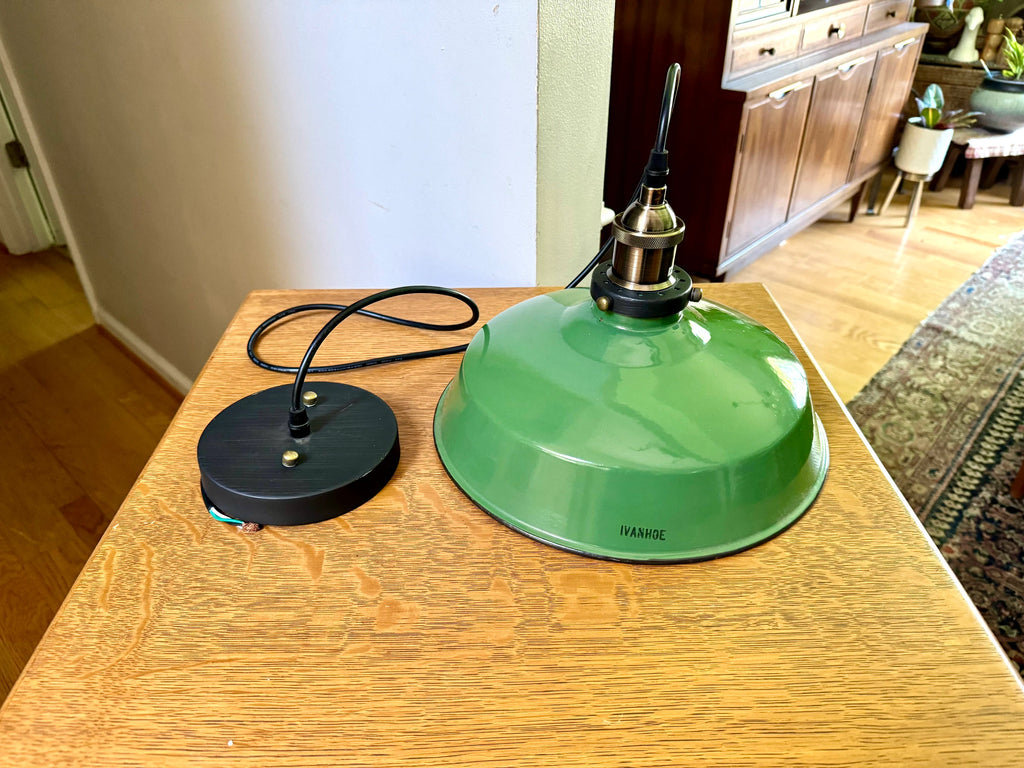 Vintage Green Enamel Metal shade Pendant Lamp | 12" Green Ivanhoe Dome 60 Lamp Pendant | Rewired Industrial Pendant Lamp | Ivanhoe Dome 60