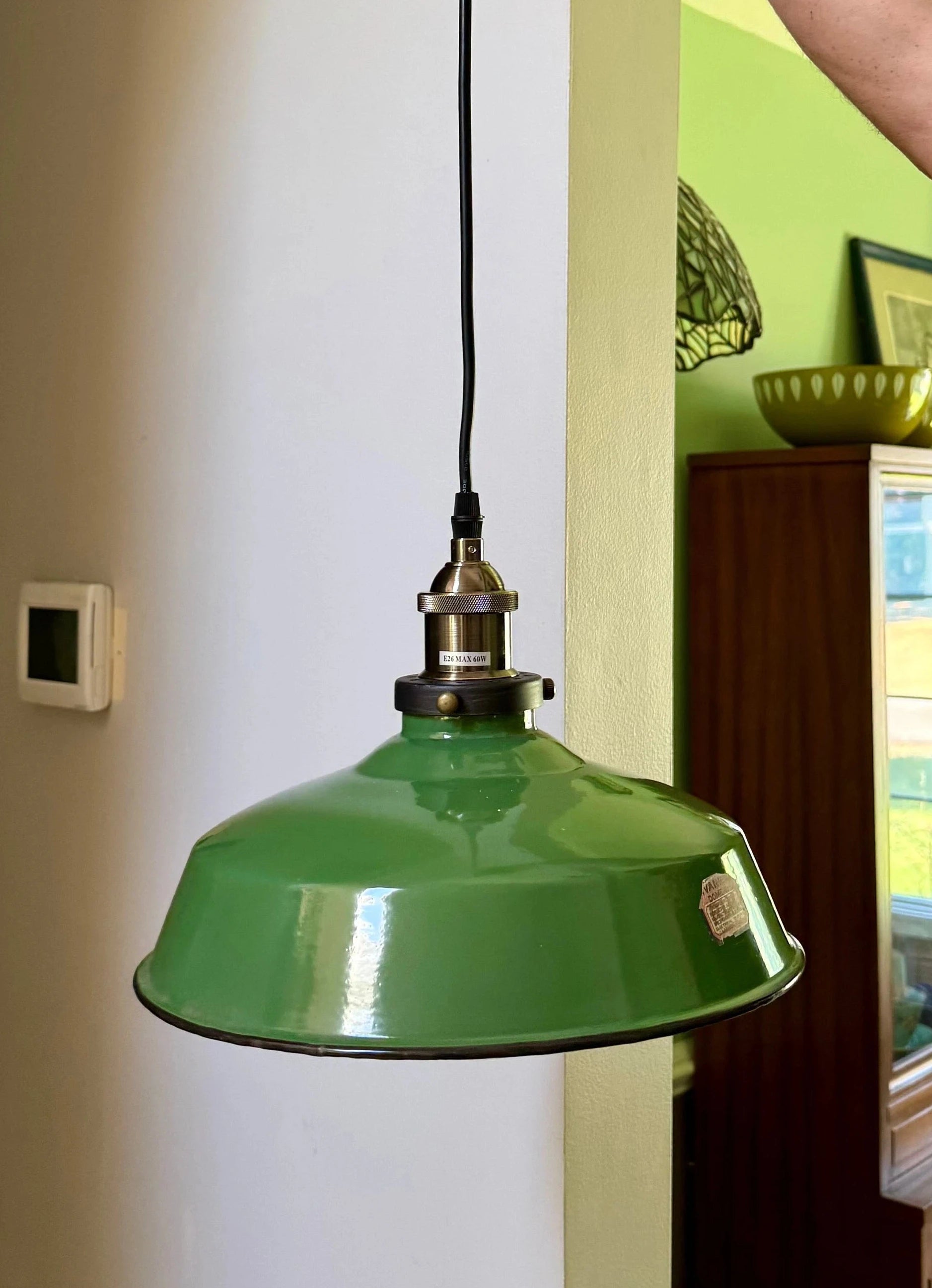 Vintage Green Enamel Metal shade Pendant Lamp | 12" Green Ivanhoe Dome 60 Lamp Pendant | Rewired Industrial Pendant Lamp | Ivanhoe Dome 60