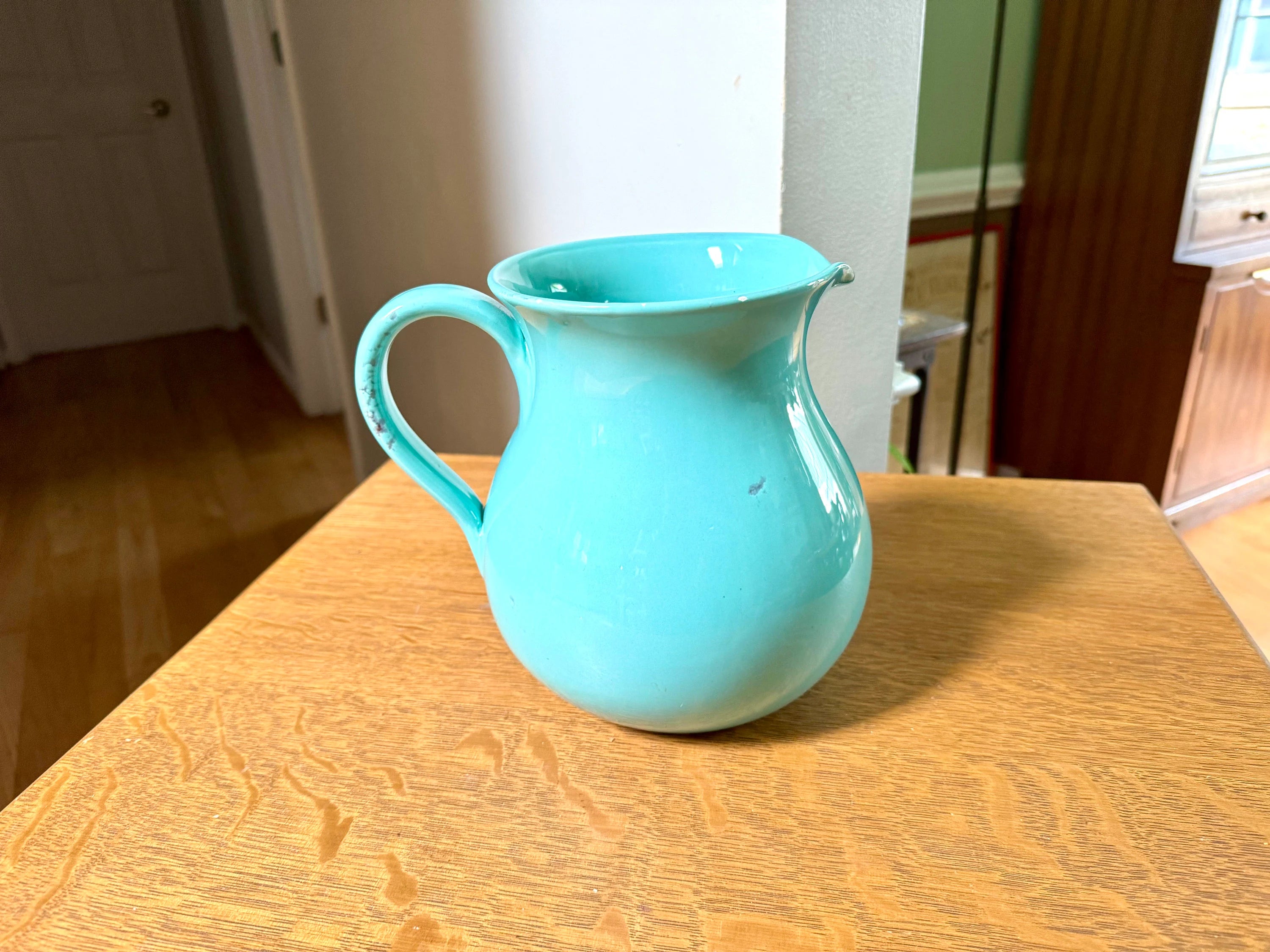 A Vintage Fortunata Italian Ceramic Pitcher | Turquoise Fortunata Pitcher | Textured Turquoise Ceramic Pitcher | Hand Made Italian Pitcher