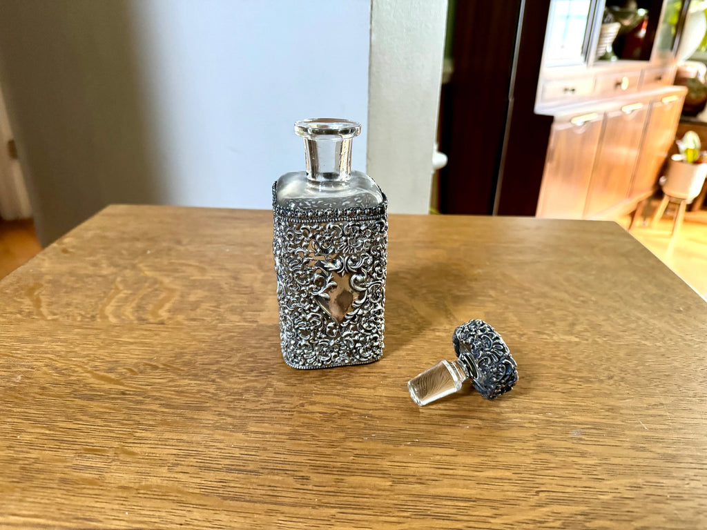 Antique Metal Filigree Perfume Bottle | Ornate Metal Overlay Perfume Bottle | Metal Filigree Decanter Bottle