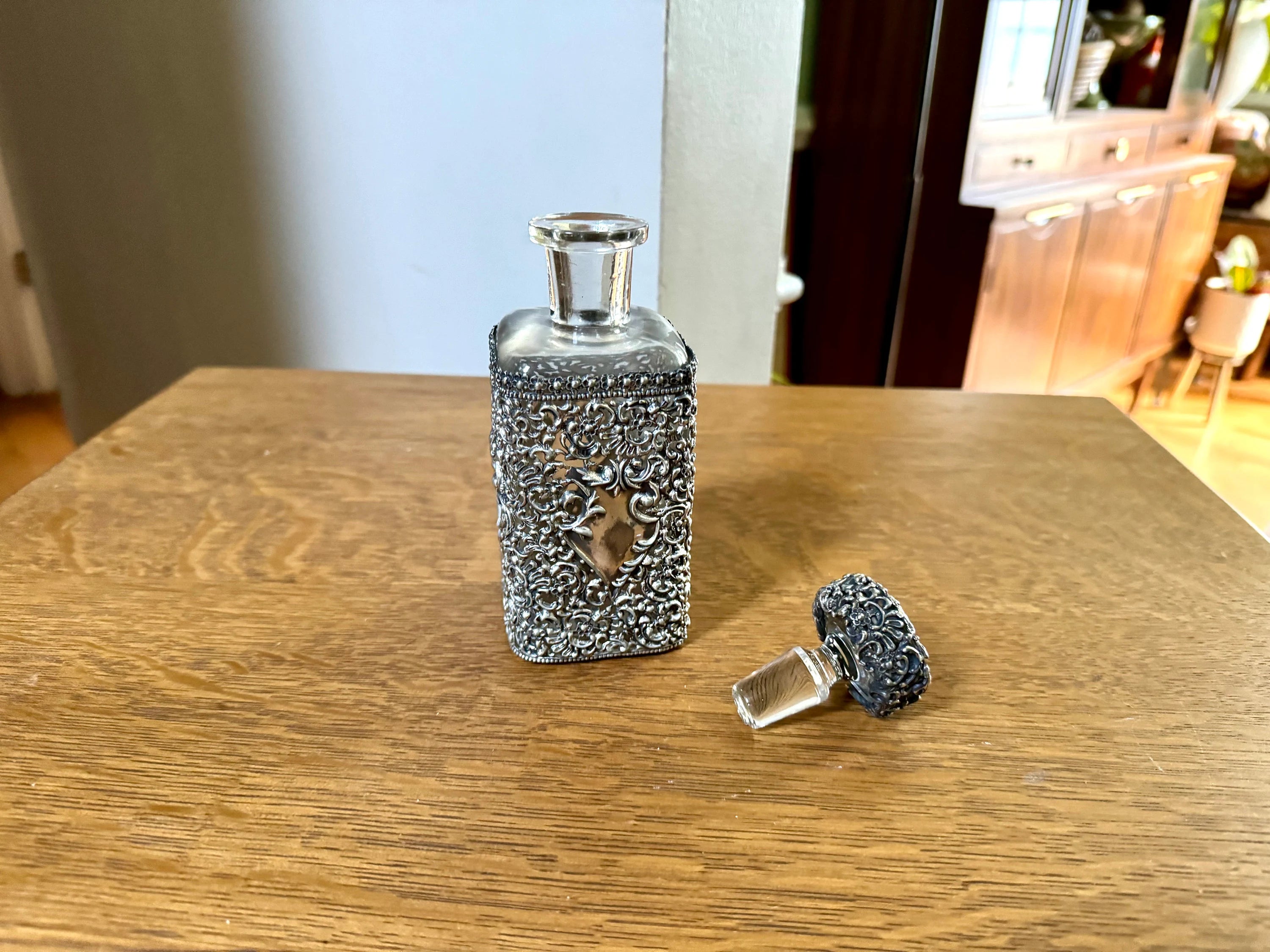 Antique Metal Filigree Perfume Bottle | Ornate Metal Overlay Perfume Bottle | Metal Filigree Decanter Bottle