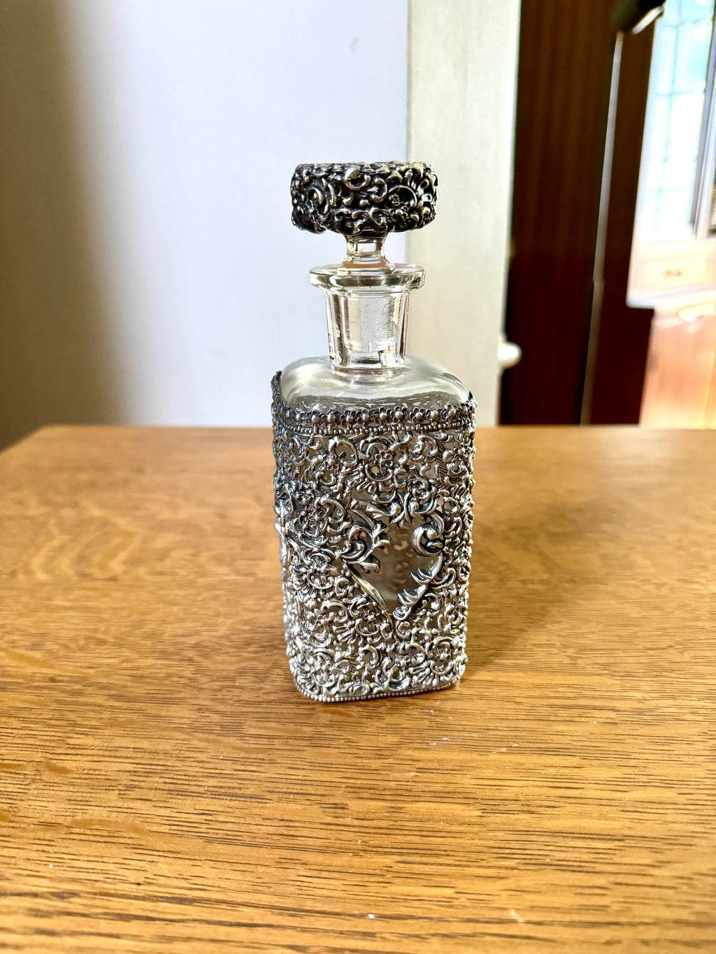 Antique Metal Filigree Perfume Bottle | Ornate Metal Overlay Perfume Bottle | Metal Filigree Decanter Bottle