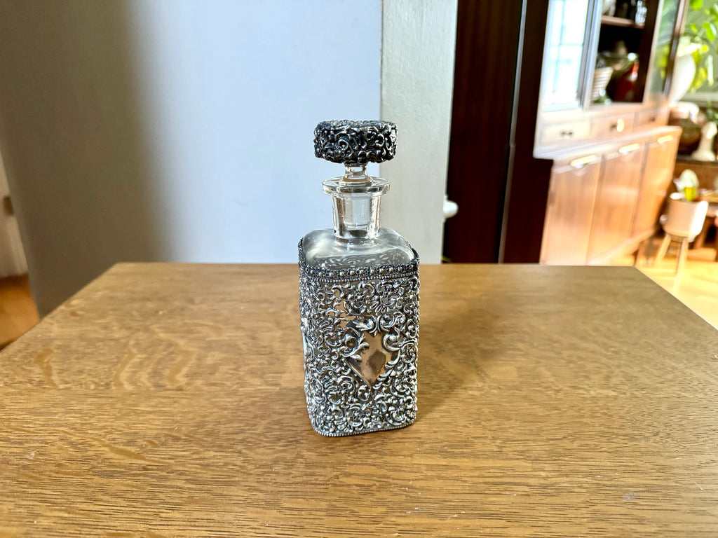 Antique Metal Filigree Perfume Bottle | Ornate Metal Overlay Perfume Bottle | Metal Filigree Decanter Bottle