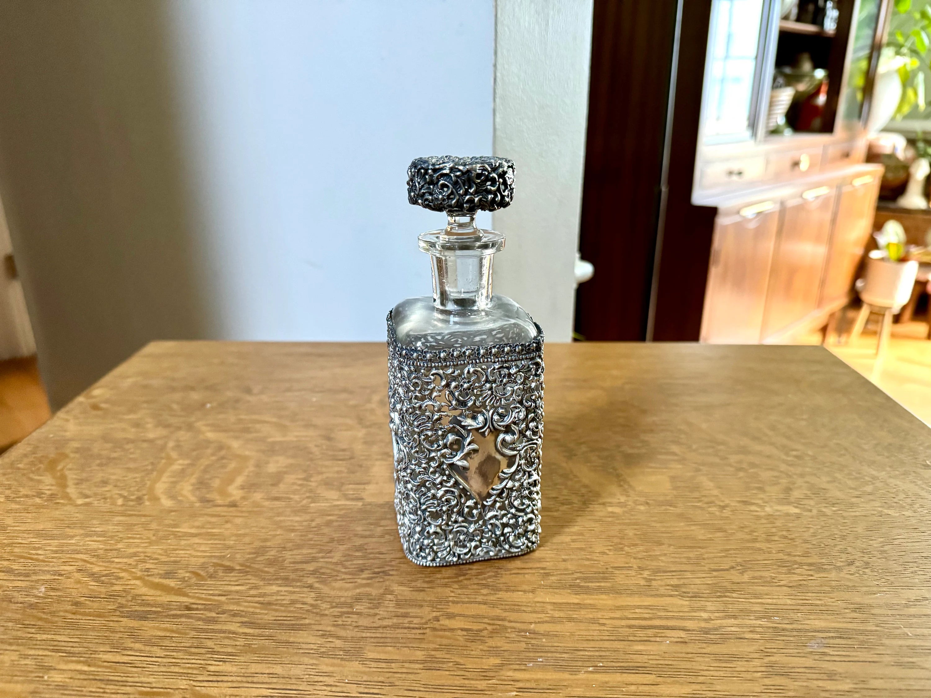 Antique Metal Filigree Perfume Bottle | Ornate Metal Overlay Perfume Bottle | Metal Filigree Decanter Bottle