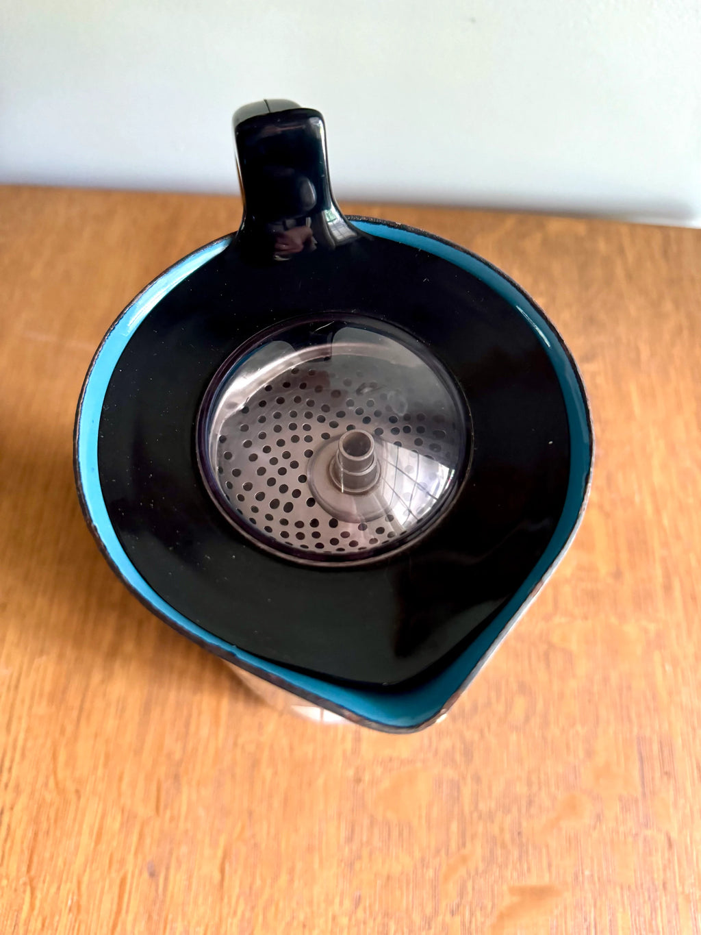 A Cathrineholm Lotus Enamel Coffee Maker | Mid Century Enamel Coffee Percolator | Vintage Turquoise on White Lotus Design Enamel Coffee Maker