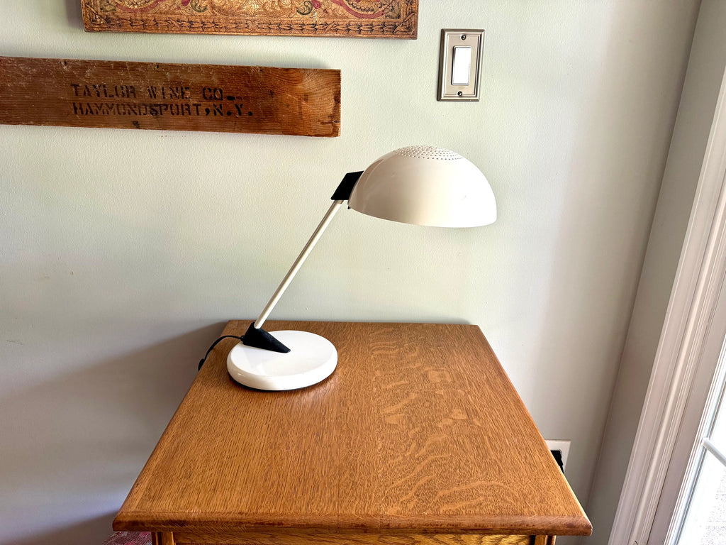 White Mid Century Modern Table Lamp | Post Modern Atomic Desk Lamp | White Domed Shade Desk Lamp | MCM Desk Lamp
