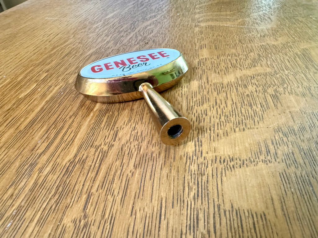Gold Genesee Beer Tab Handle | Oval Genesee Beer Tap Handle | Red and White Genessee Beer Tap Handle | Bar Decor