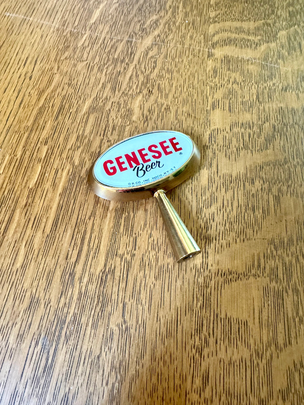 Gold Genesee Beer Tab Handle | Oval Genesee Beer Tap Handle | Red and White Genessee Beer Tap Handle | Bar Decor