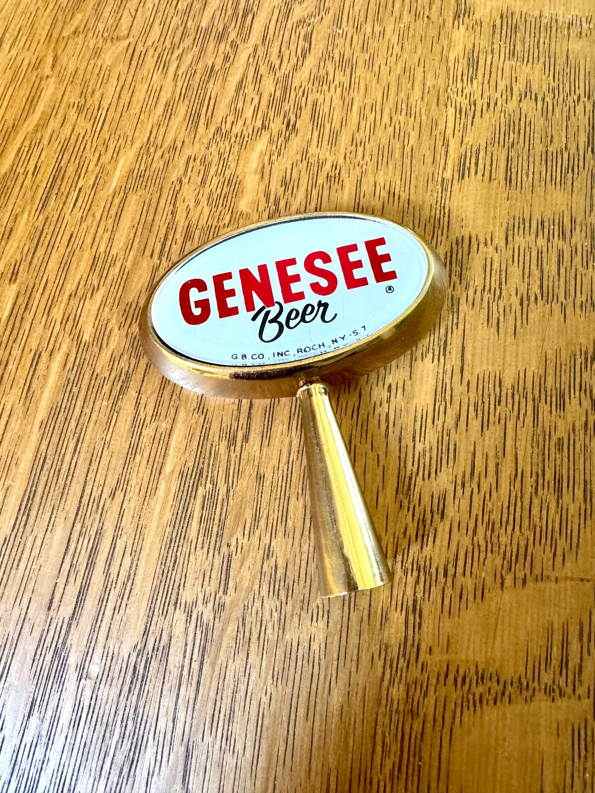 Gold Genesee Beer Tab Handle | Oval Genesee Beer Tap Handle | Red and White Genessee Beer Tap Handle | Bar Decor