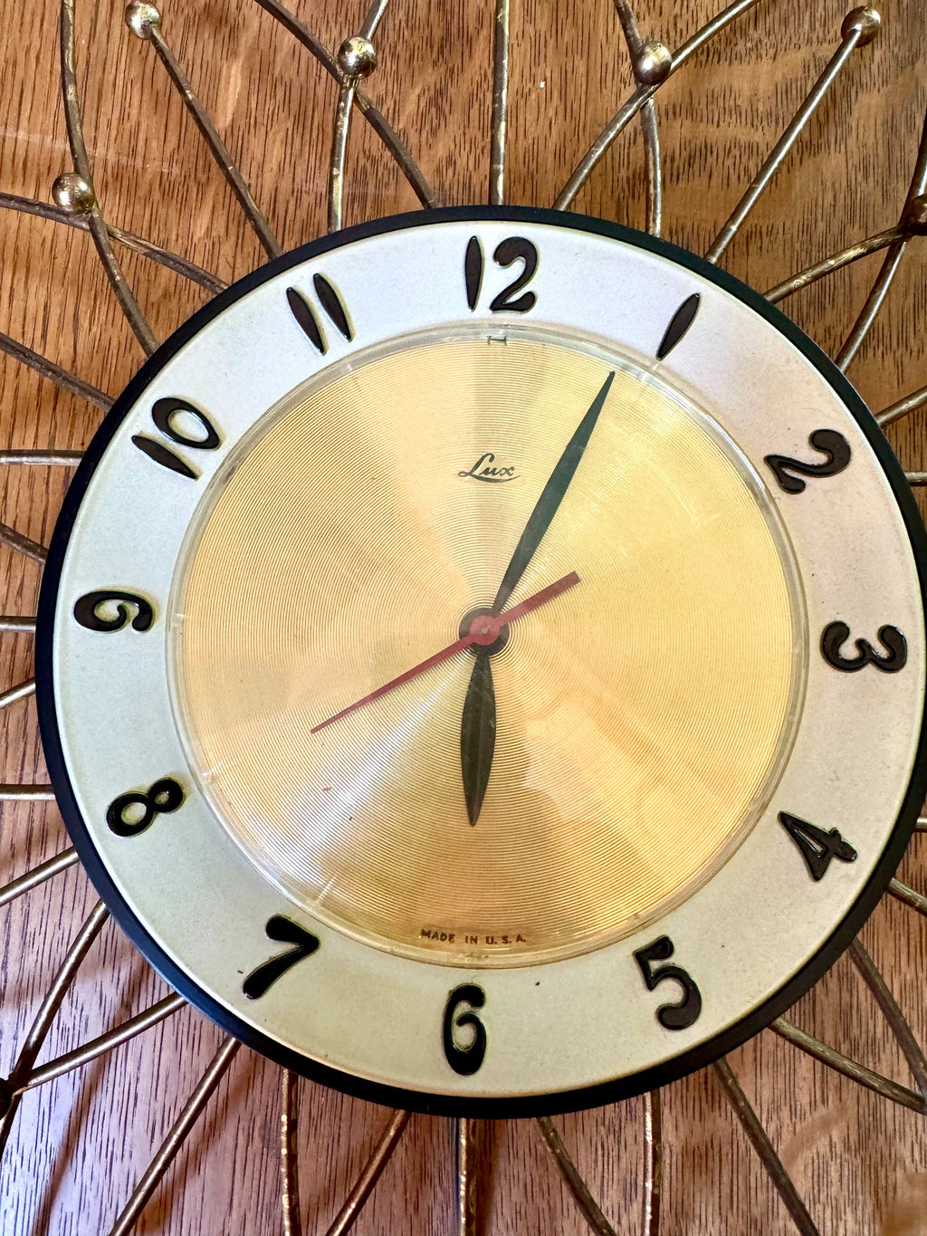 Vintage Lux Starburst Wall Clock | Gold Sunburst Electric Wall Clock | Mid Century Modern Wall Clock | Brass Atomic Wall Clock
