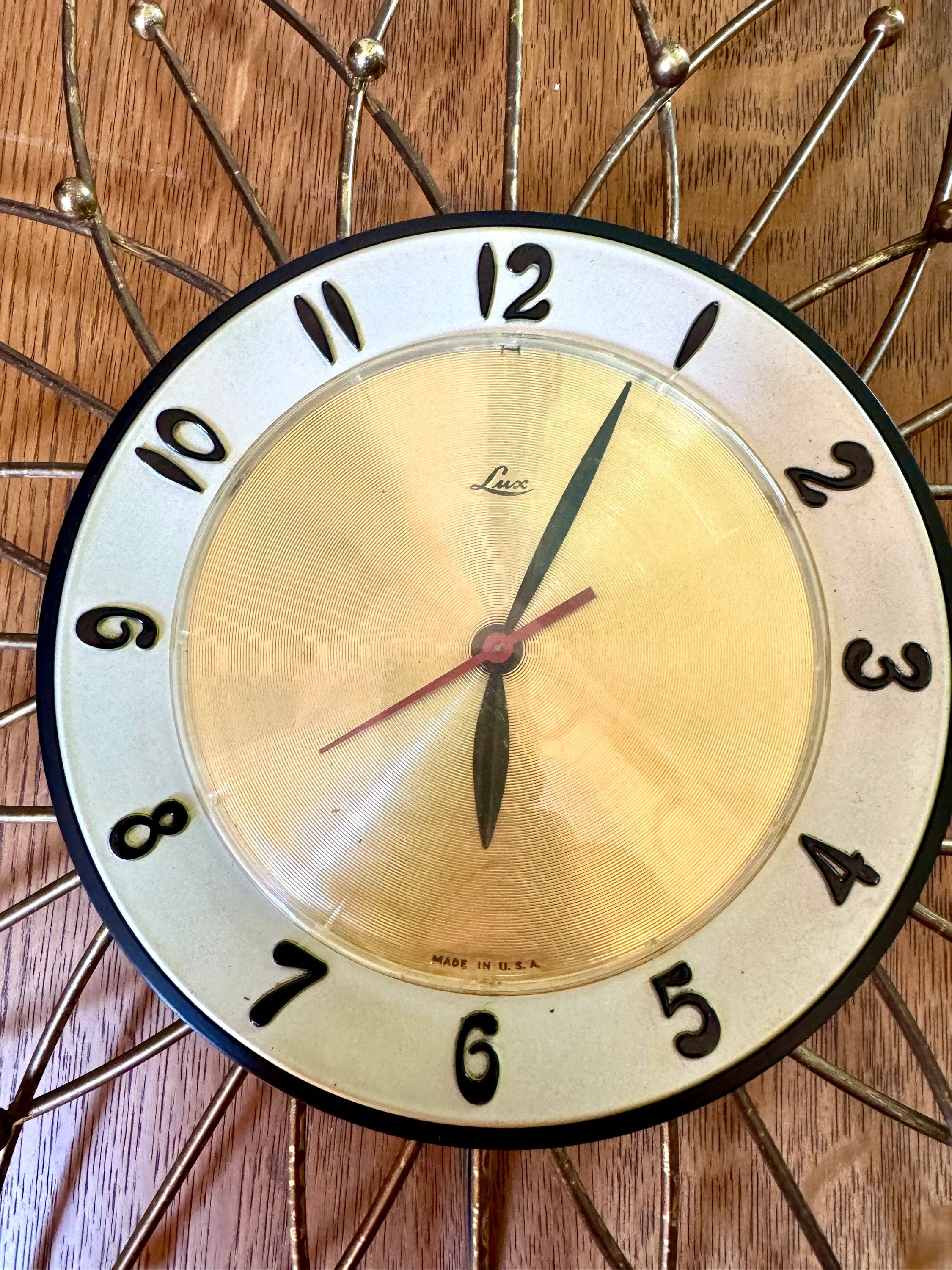 Vintage Lux Starburst Wall Clock | Gold Sunburst Electric Wall Clock | Mid Century Modern Wall Clock | Brass Atomic Wall Clock