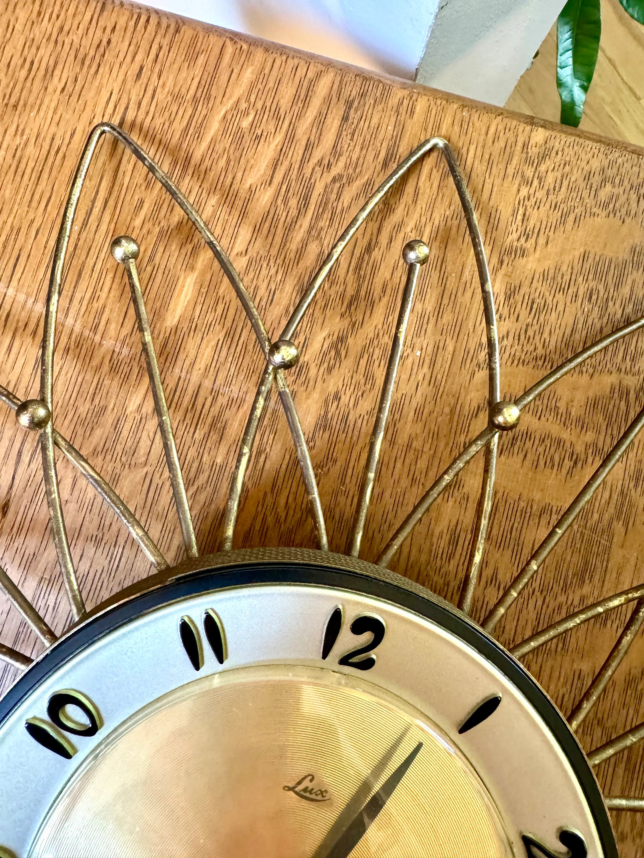 Vintage Lux Starburst Wall Clock | Gold Sunburst Electric Wall Clock | Mid Century Modern Wall Clock | Brass Atomic Wall Clock