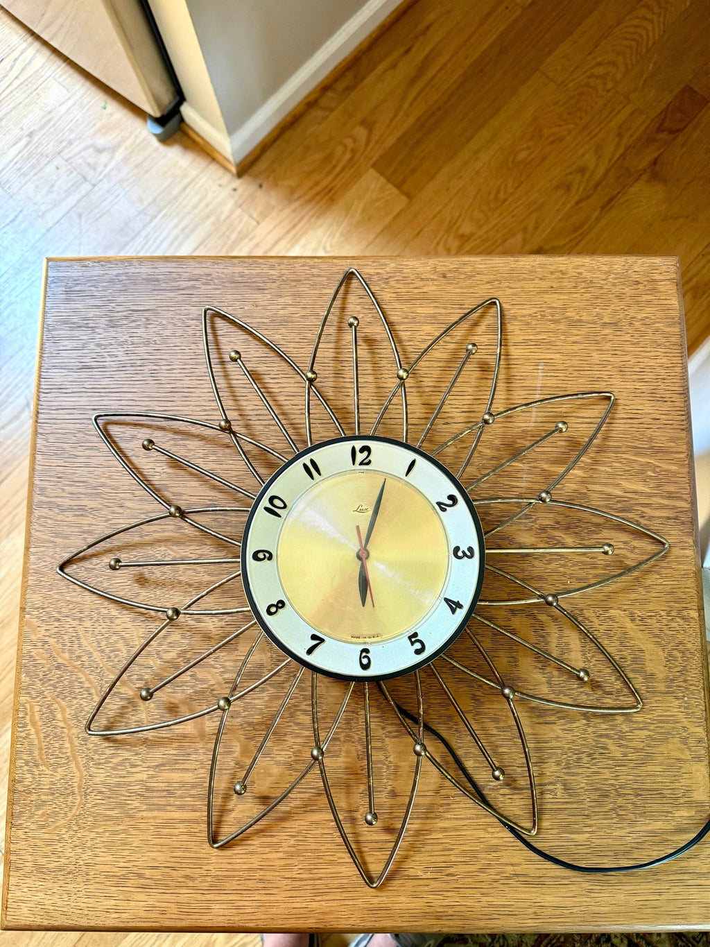 Vintage Lux Starburst Wall Clock | Gold Sunburst Electric Wall Clock | Mid Century Modern Wall Clock | Brass Atomic Wall Clock