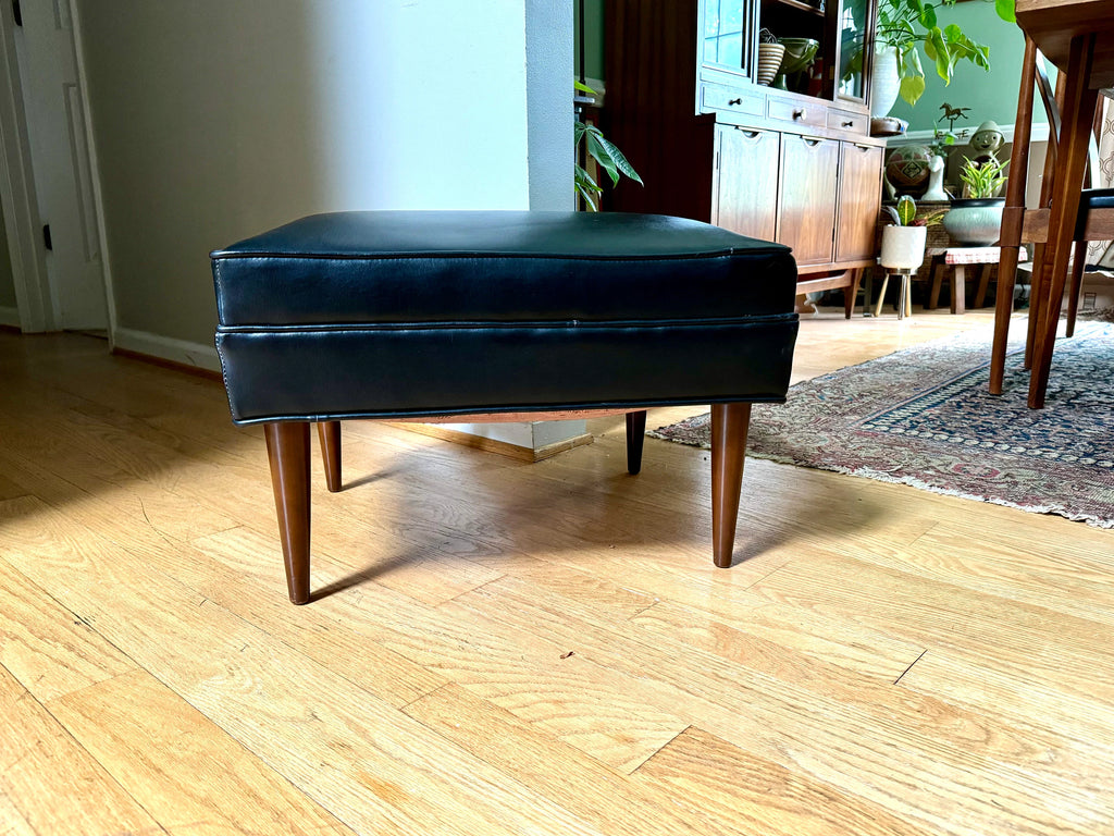 Mid Century Black Ottoman | Rectangle Faux Leather Foot Stool | Black Vinyl Ottoman | Danish Modern Decor | Wood Legged Footstool| MCM Stool