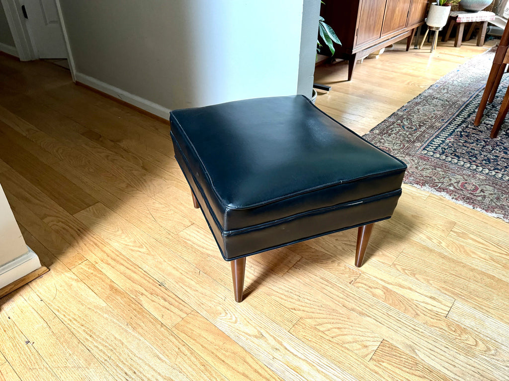Mid Century Black Ottoman | Rectangle Faux Leather Foot Stool | Black Vinyl Ottoman | Danish Modern Decor | Wood Legged Footstool| MCM Stool