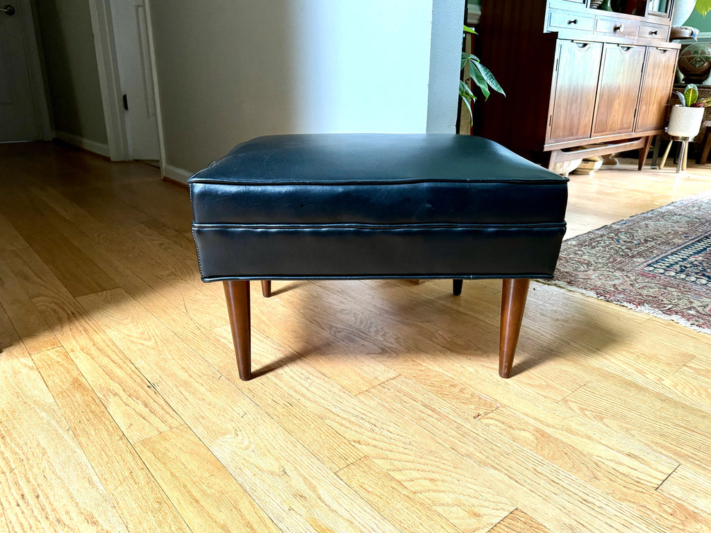 Mid Century Black Ottoman | Rectangle Faux Leather Foot Stool | Black Vinyl Ottoman | Danish Modern Decor | Wood Legged Footstool| MCM Stool