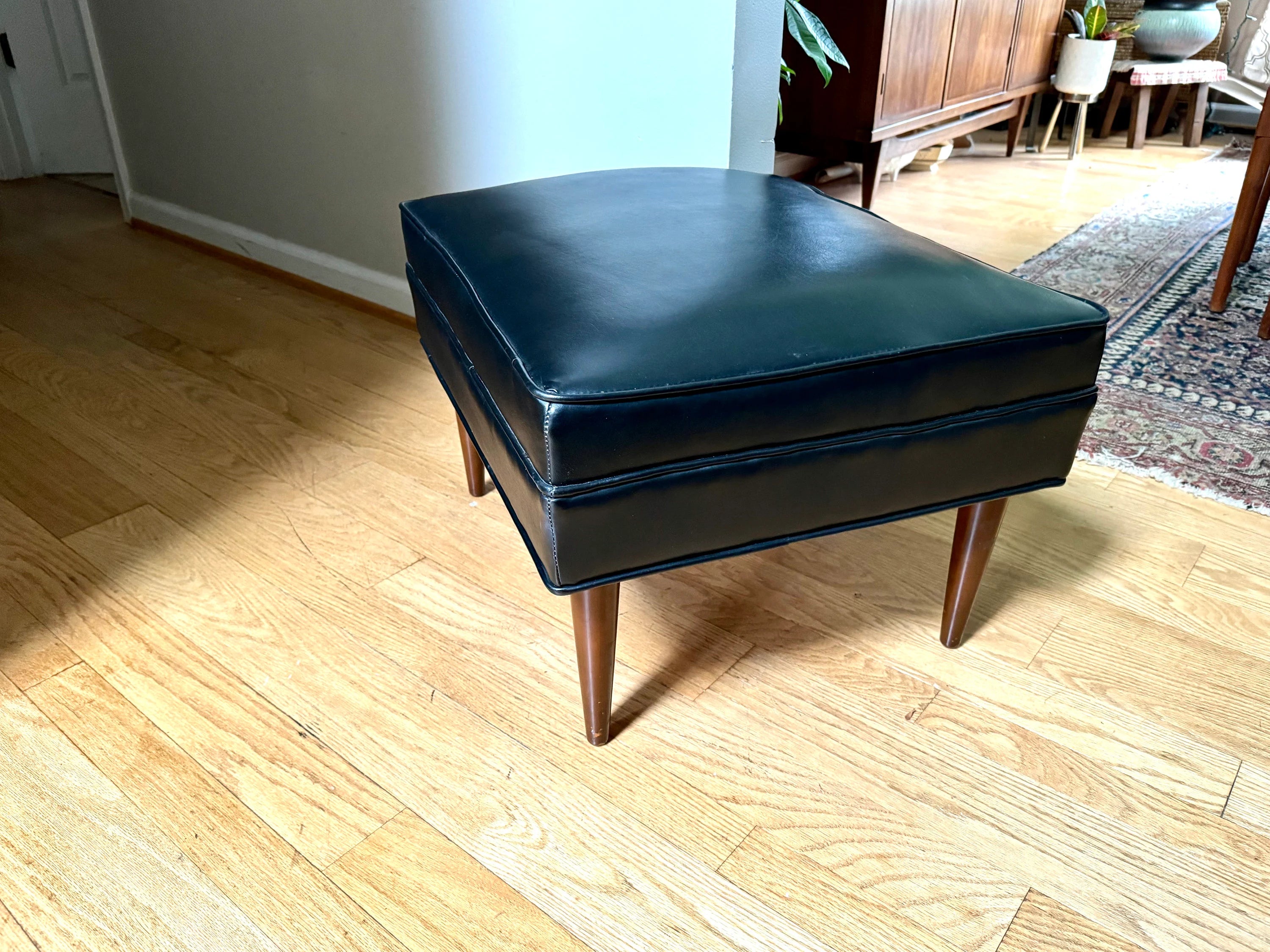 Mid Century Black Ottoman | Rectangle Faux Leather Foot Stool | Black Vinyl Ottoman | Danish Modern Decor | Wood Legged Footstool| MCM Stool