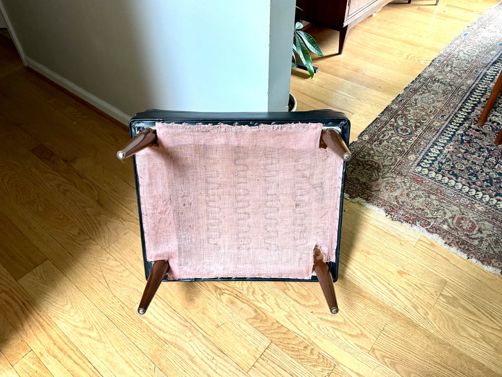 Mid Century Black Ottoman | Rectangle Faux Leather Foot Stool | Black Vinyl Ottoman | Danish Modern Decor | Wood Legged Footstool| MCM Stool