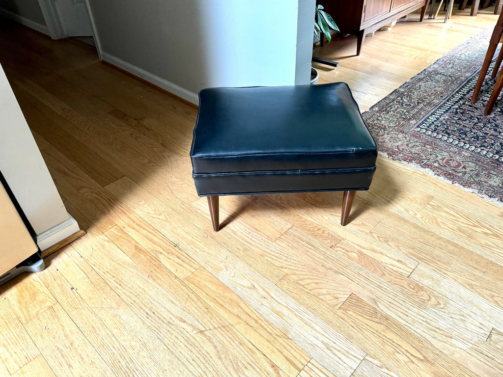 Mid Century Black Ottoman | Rectangle Faux Leather Foot Stool | Black Vinyl Ottoman | Danish Modern Decor | Wood Legged Footstool| MCM Stool