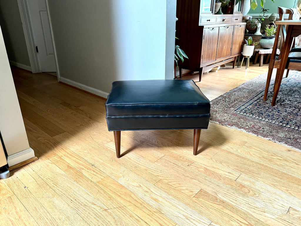 Mid Century Black Ottoman | Rectangle Faux Leather Foot Stool | Black Vinyl Ottoman | Danish Modern Decor | Wood Legged Footstool| MCM Stool