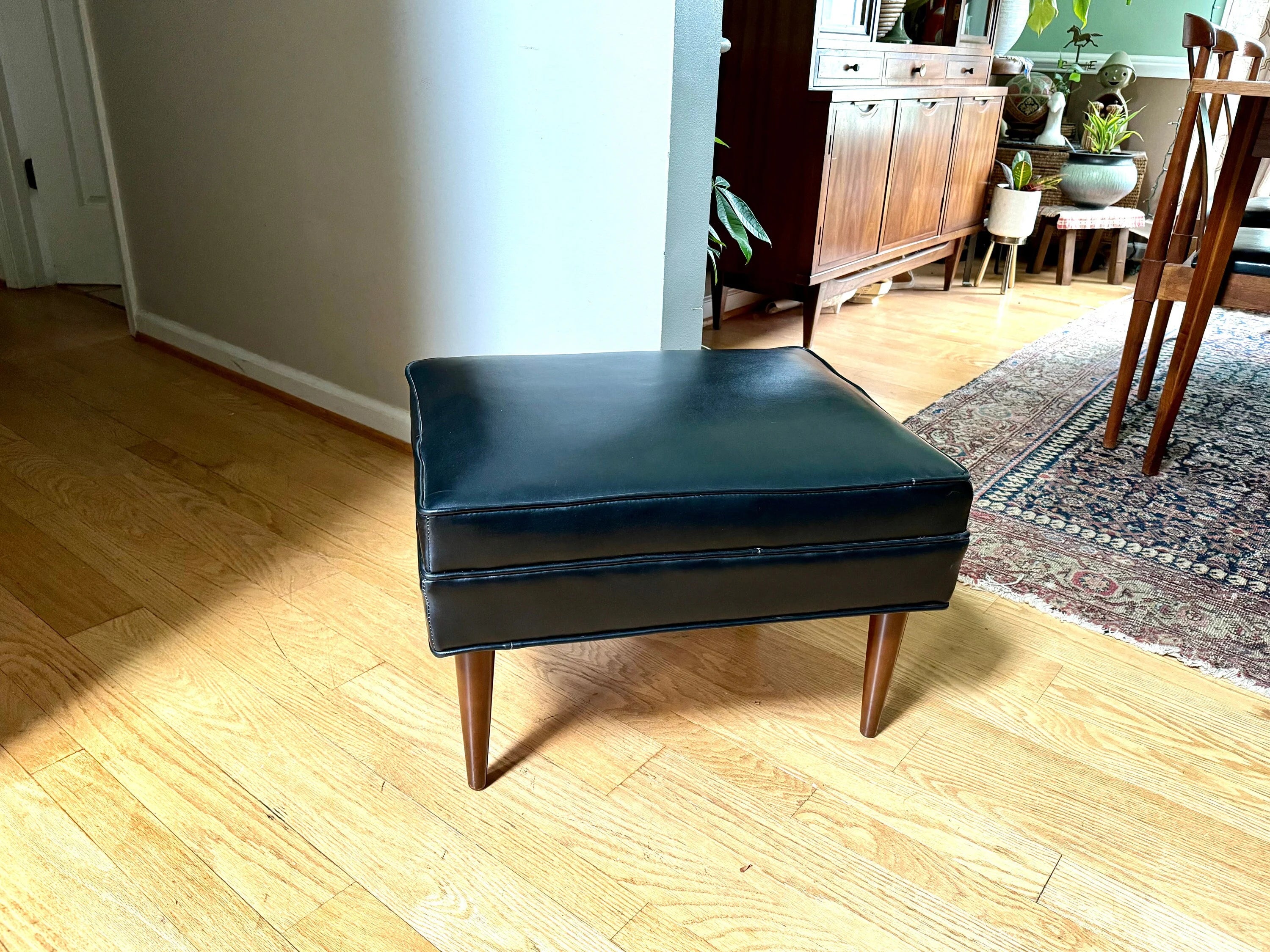 Mid Century Black Ottoman | Rectangle Faux Leather Foot Stool | Black Vinyl Ottoman | Danish Modern Decor | Wood Legged Footstool| MCM Stool