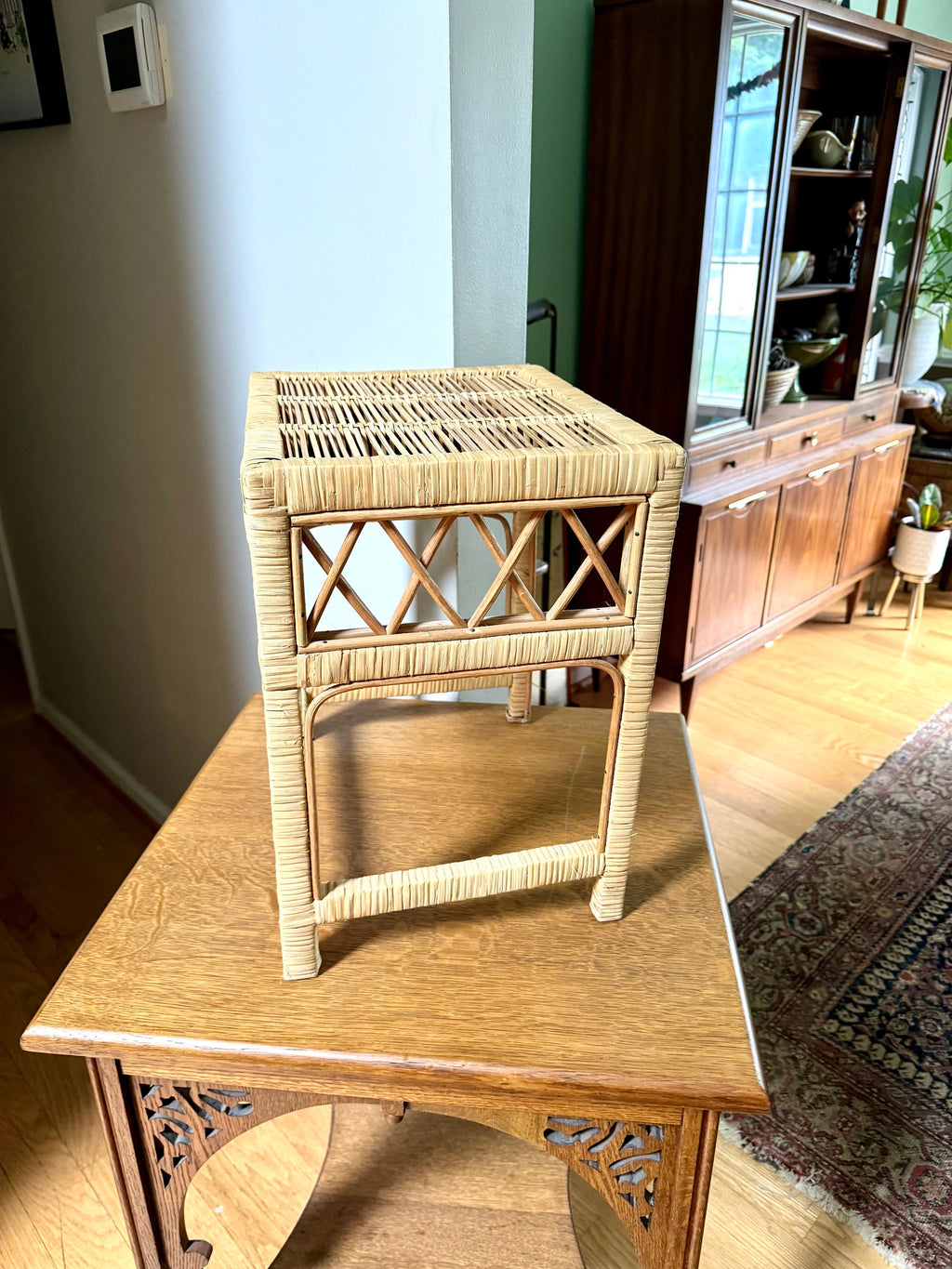 Vintage Small Wicker End Table | Small Wicker Plant Stand | Wicker Night Stand | Small Rattan Table