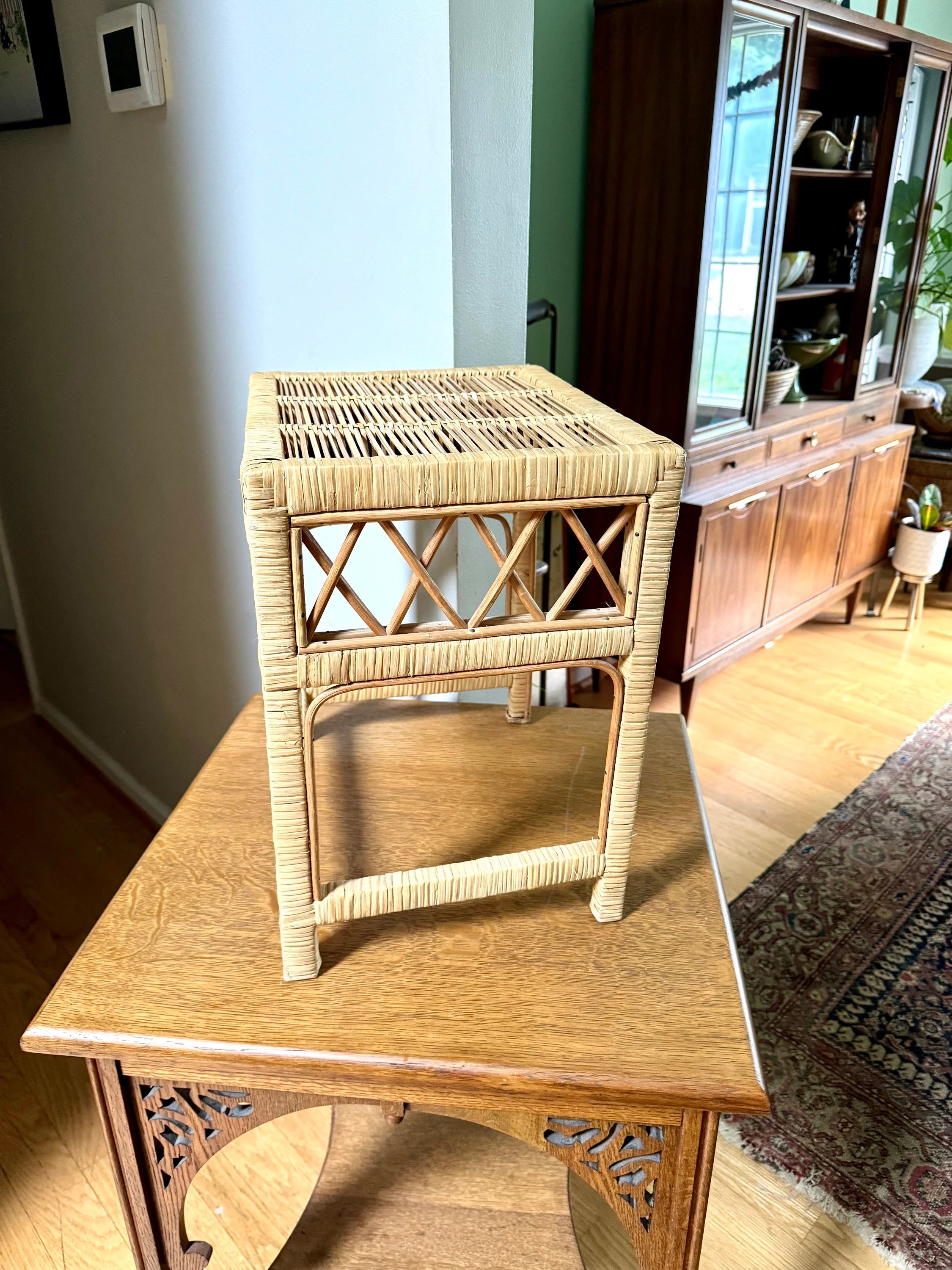 Vintage Small Wicker End Table | Small Wicker Plant Stand | Wicker Night Stand | Small Rattan Table